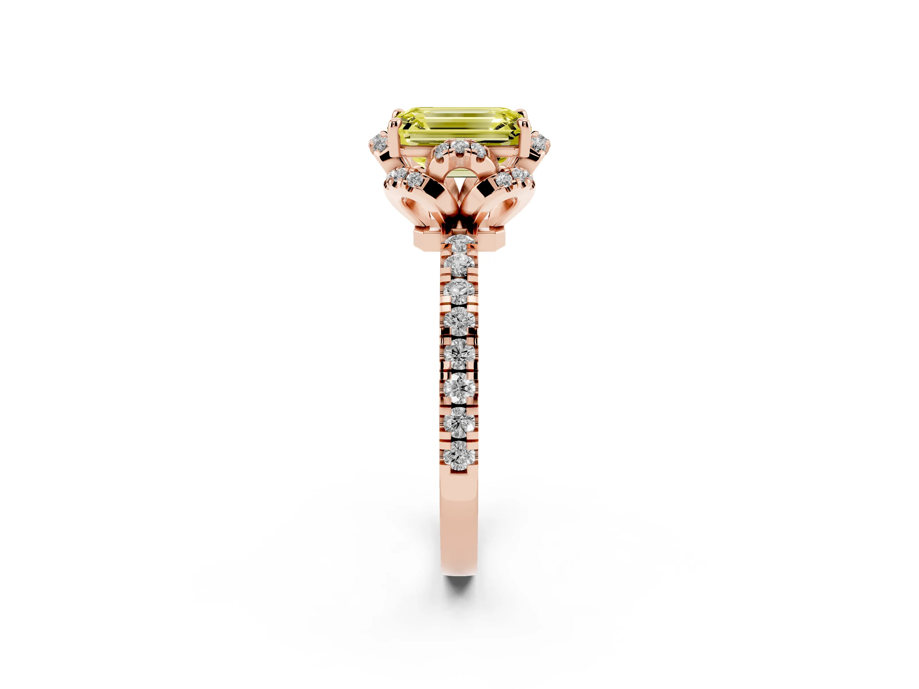 Fancy Yellow Emerald Cut Diamond Halo Pavé Band Ring Set in Rose gold with Prong-Held Center