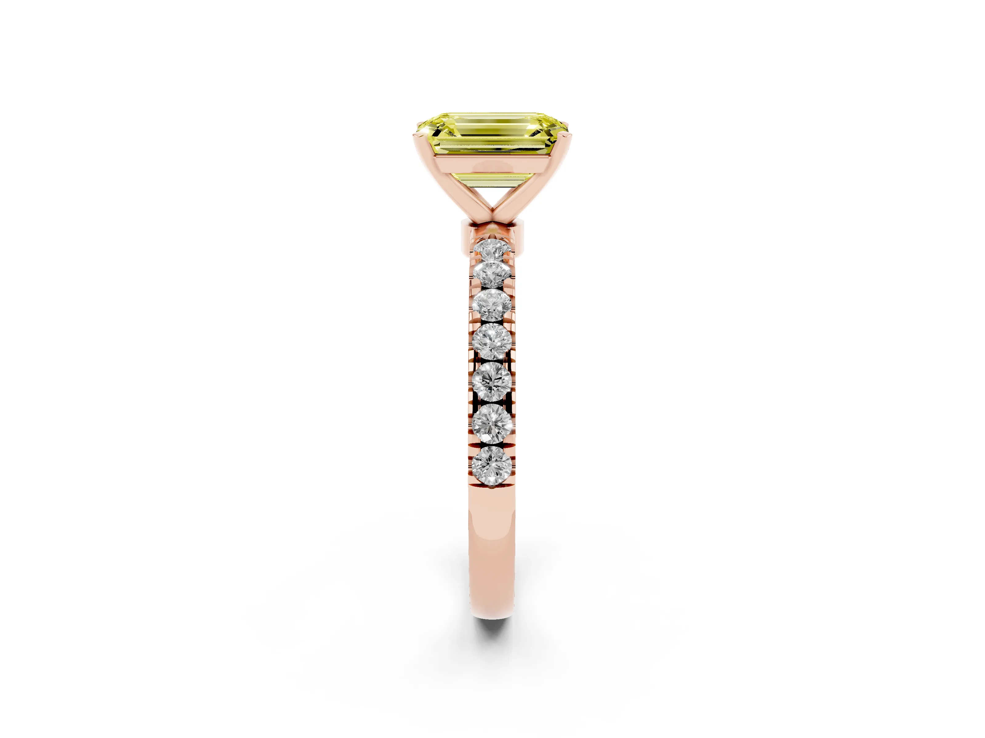 Fancy Yellow Emerald Cut Diamond Solitaire Ring Set in Rose gold with Pavé Accents and Prong Setting