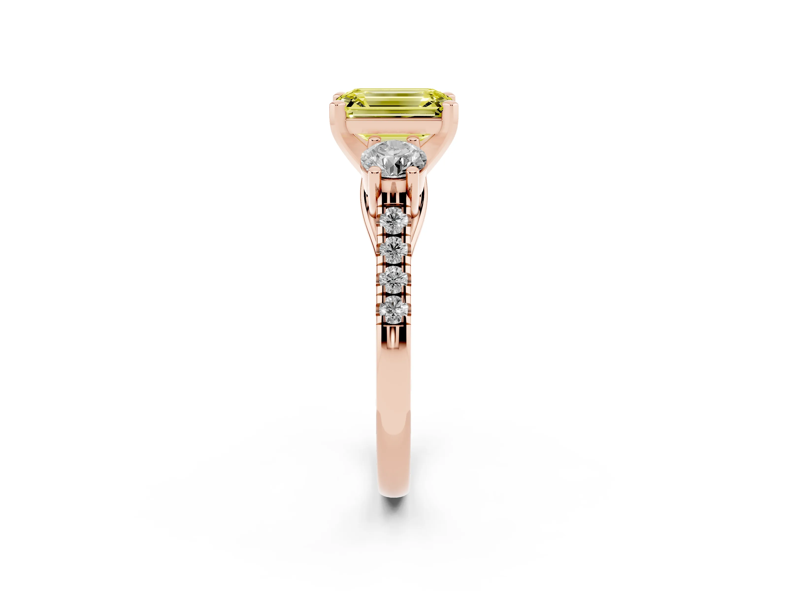 Fancy Yellow Three-Stone Emerald Cut Diamond Pavé Band Ring Set in Rose gold with Prong-Set Trio