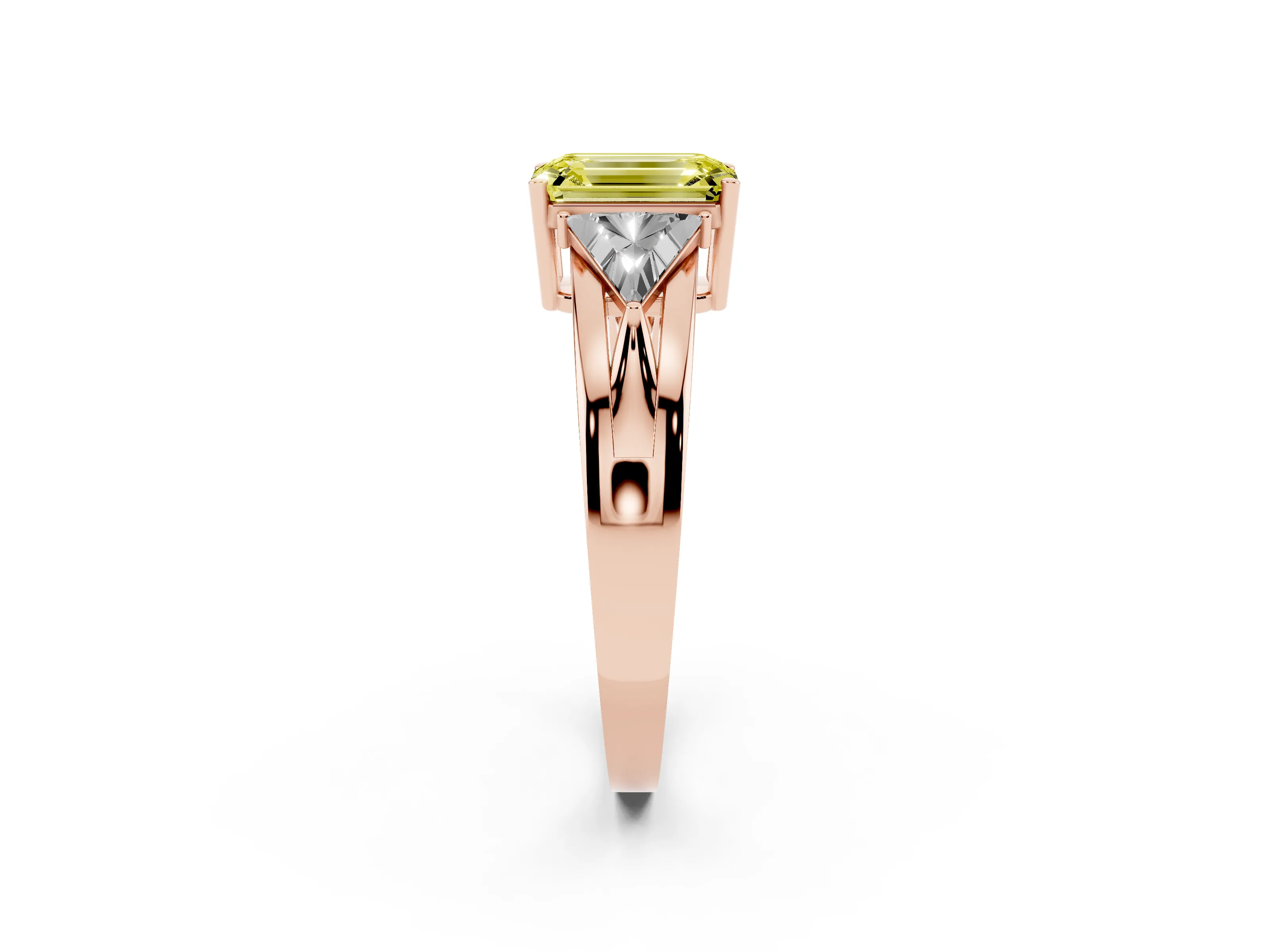 Fancy Yellow Emerald Cut Diamond Three-Stone Ring Set in Rose gold with Trillion Side Stones and Split Shank