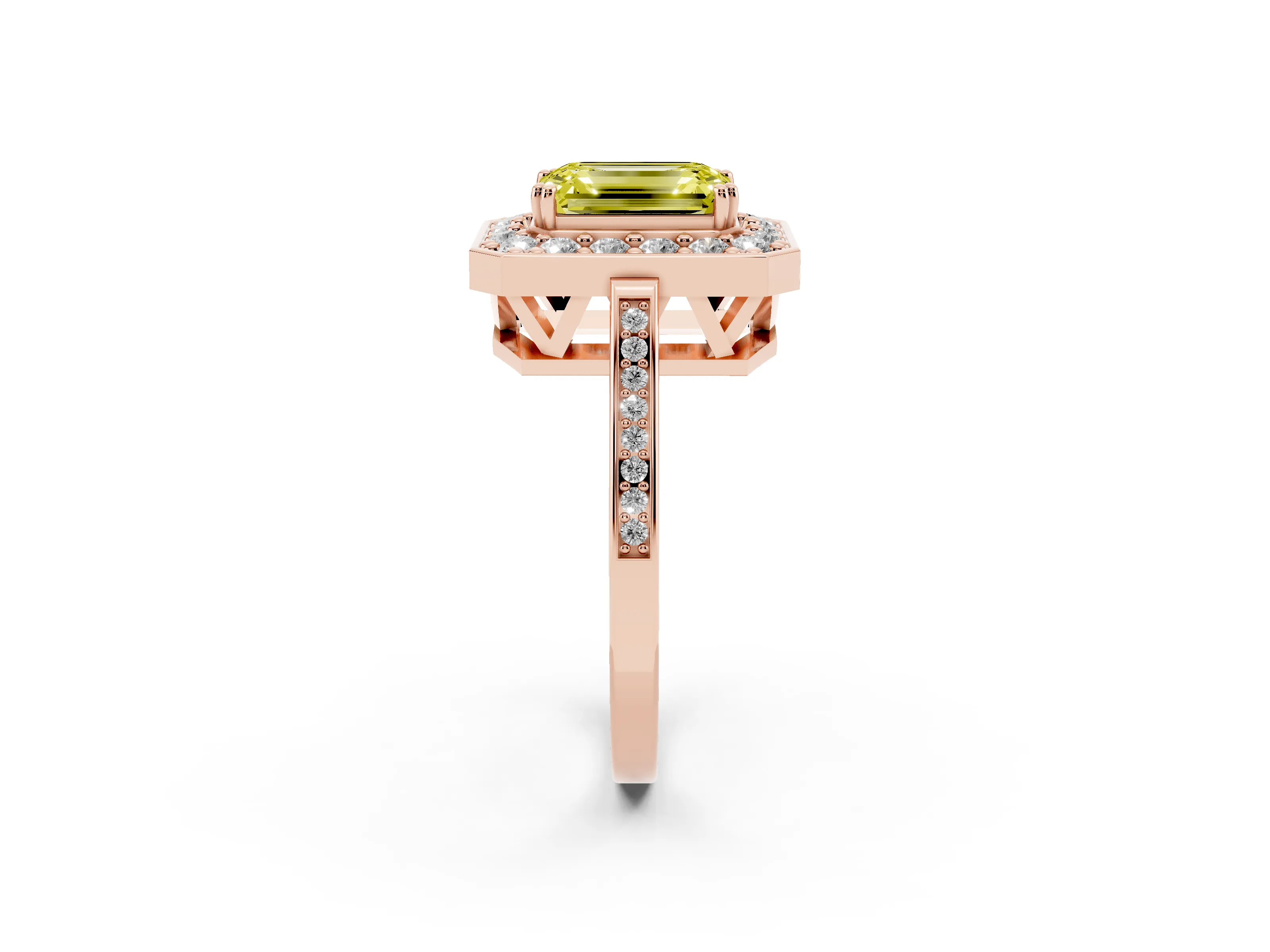 Fancy Yellow Emerald Cut Diamond Halo Ring Set in Rose gold with Accent-Lined Split Shank and Prong Setting