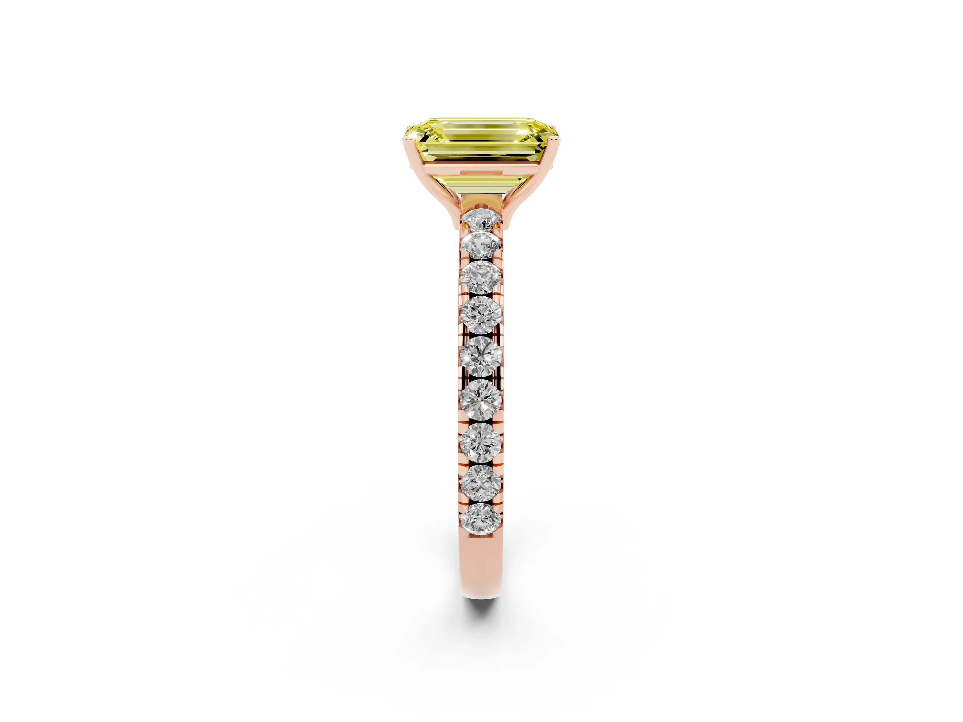 Fancy Yellow Emerald Cut Diamond Pavé Solitaire Engagement Ring Set in Rose gold with Prong Setting
