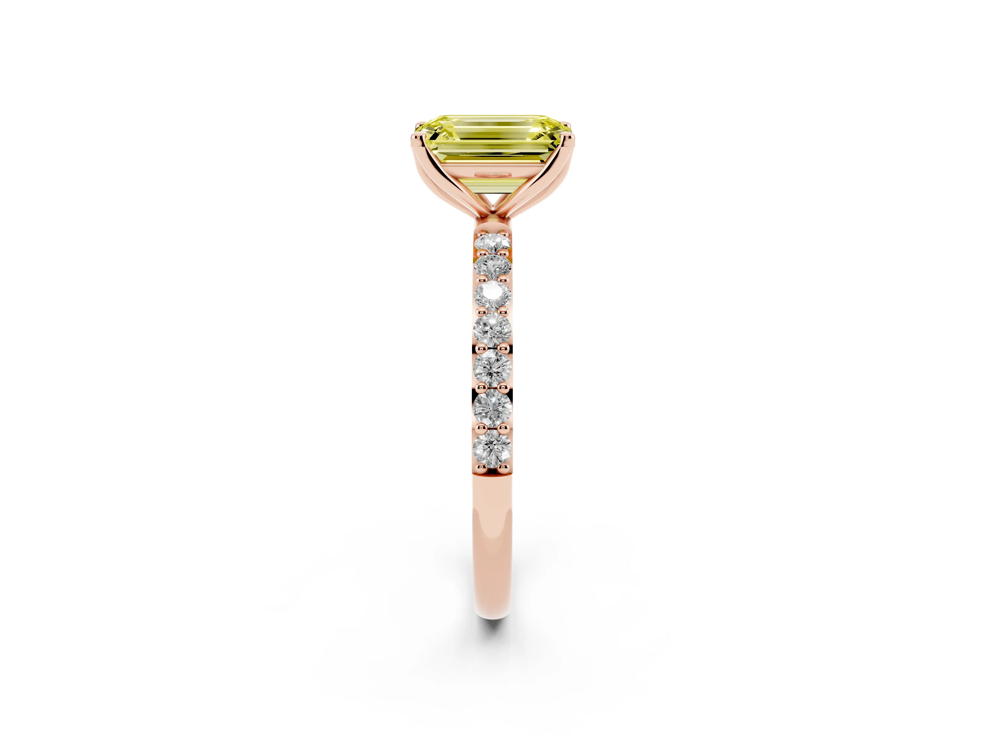 Fancy Yellow Emerald Cut Diamond Solitaire Engagement Ring Set in Rose gold with Round Pavé Band and Prong Setting