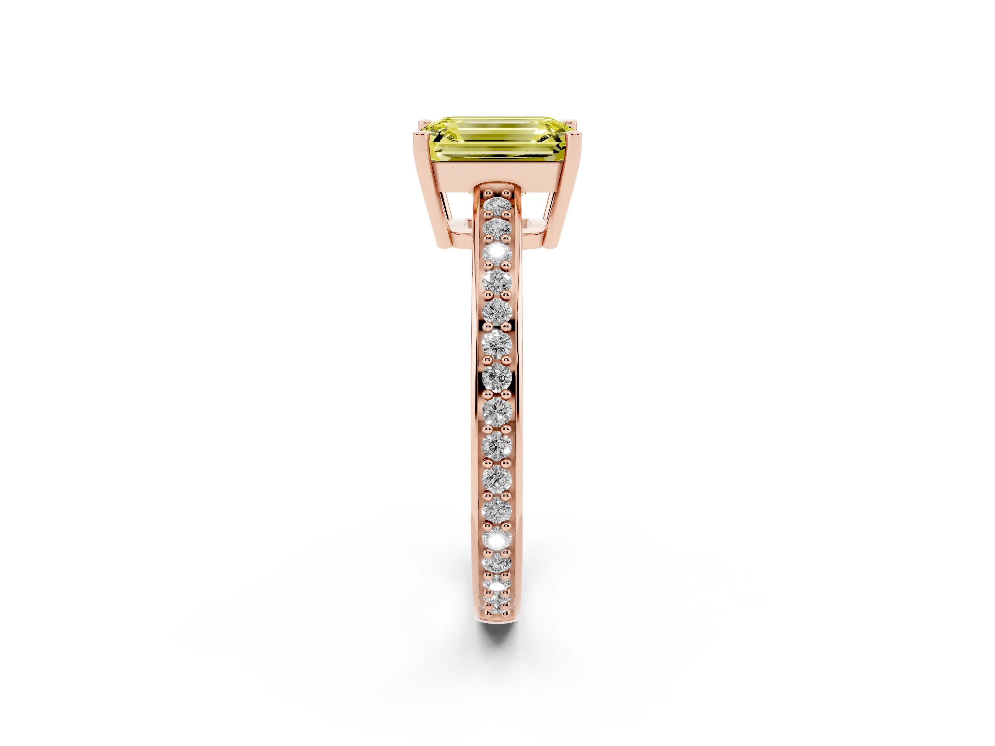 Fancy Yellow Emerald Cut Diamond Pavé Band Prong Set Solitaire Ring Set in Rose gold