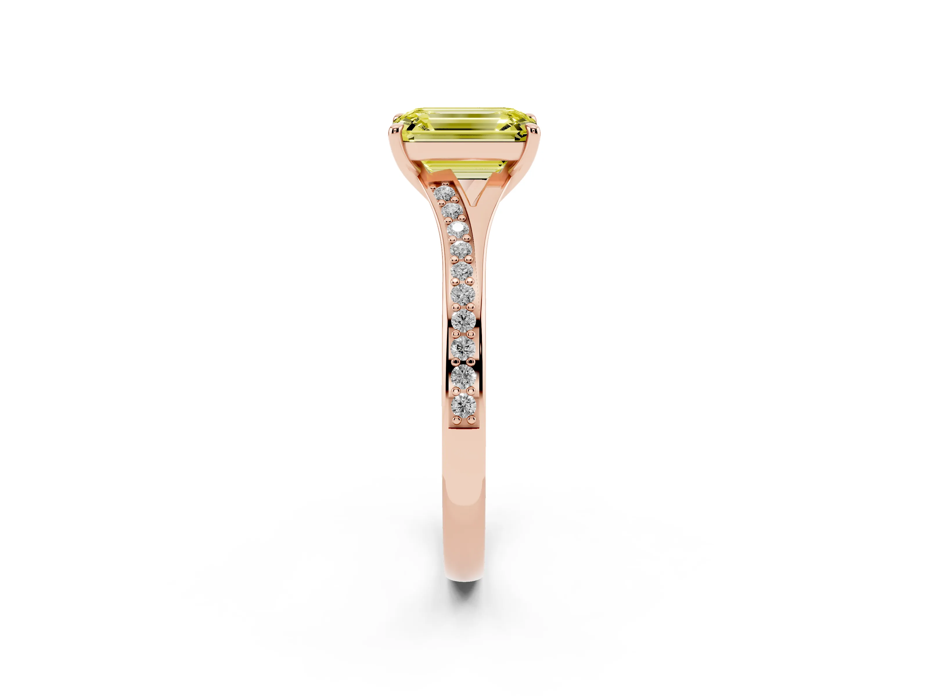 Fancy Yellow Emerald Cut Diamond Solitaire Ring Set in Rose gold with Pavé Accent Band and Classic Prong Setting