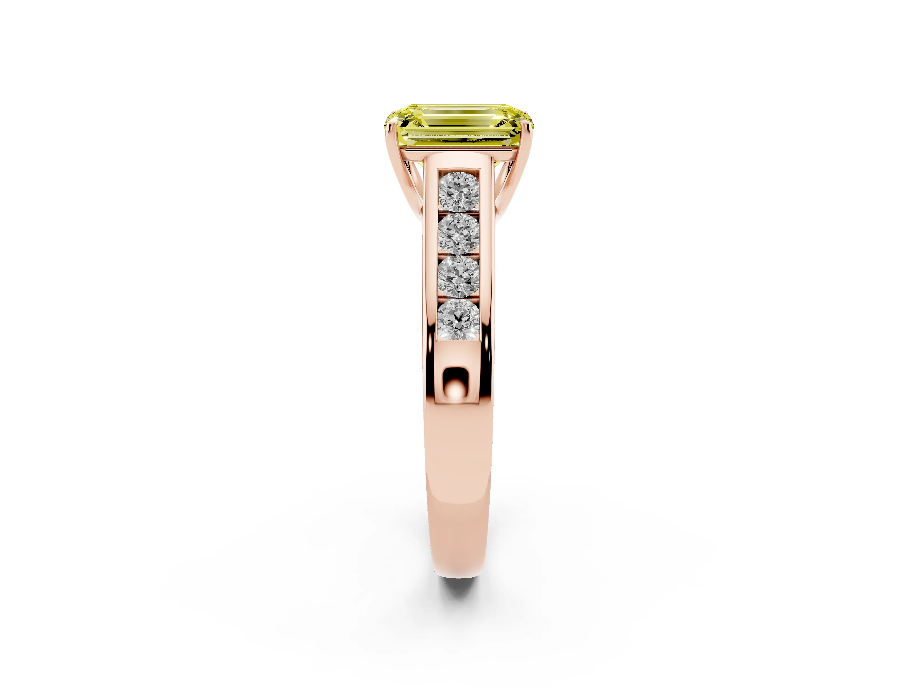 Fancy Yellow Emerald Cut Diamond Solitaire Channel-Set Engagement Ring Set in Rose gold with Prong Setting