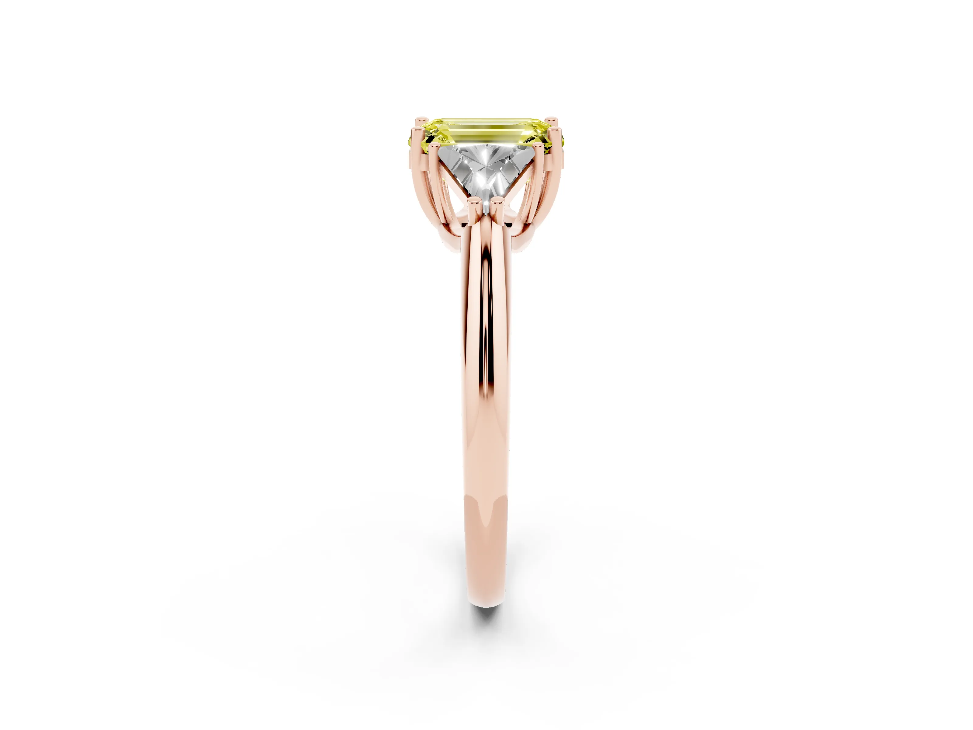 Fancy Yellow Emerald Cut Diamond Three-Stone Engagement Ring Set in Rose gold with Trillion Side Stones