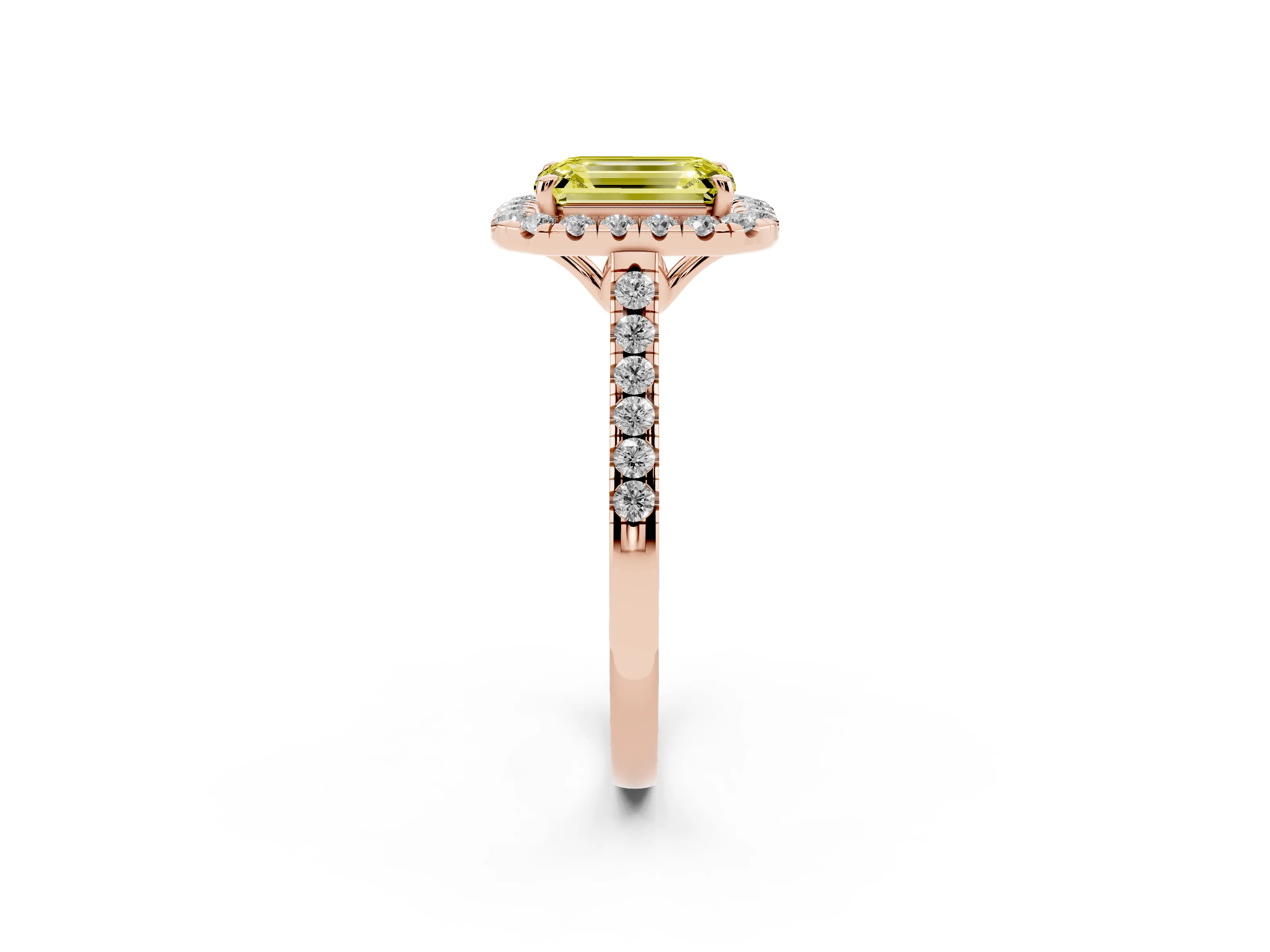 Fancy Yellow Emerald Cut Diamond Pavé Halo Engagement Ring Set in Rose gold with Pavé Band and Prong Setting