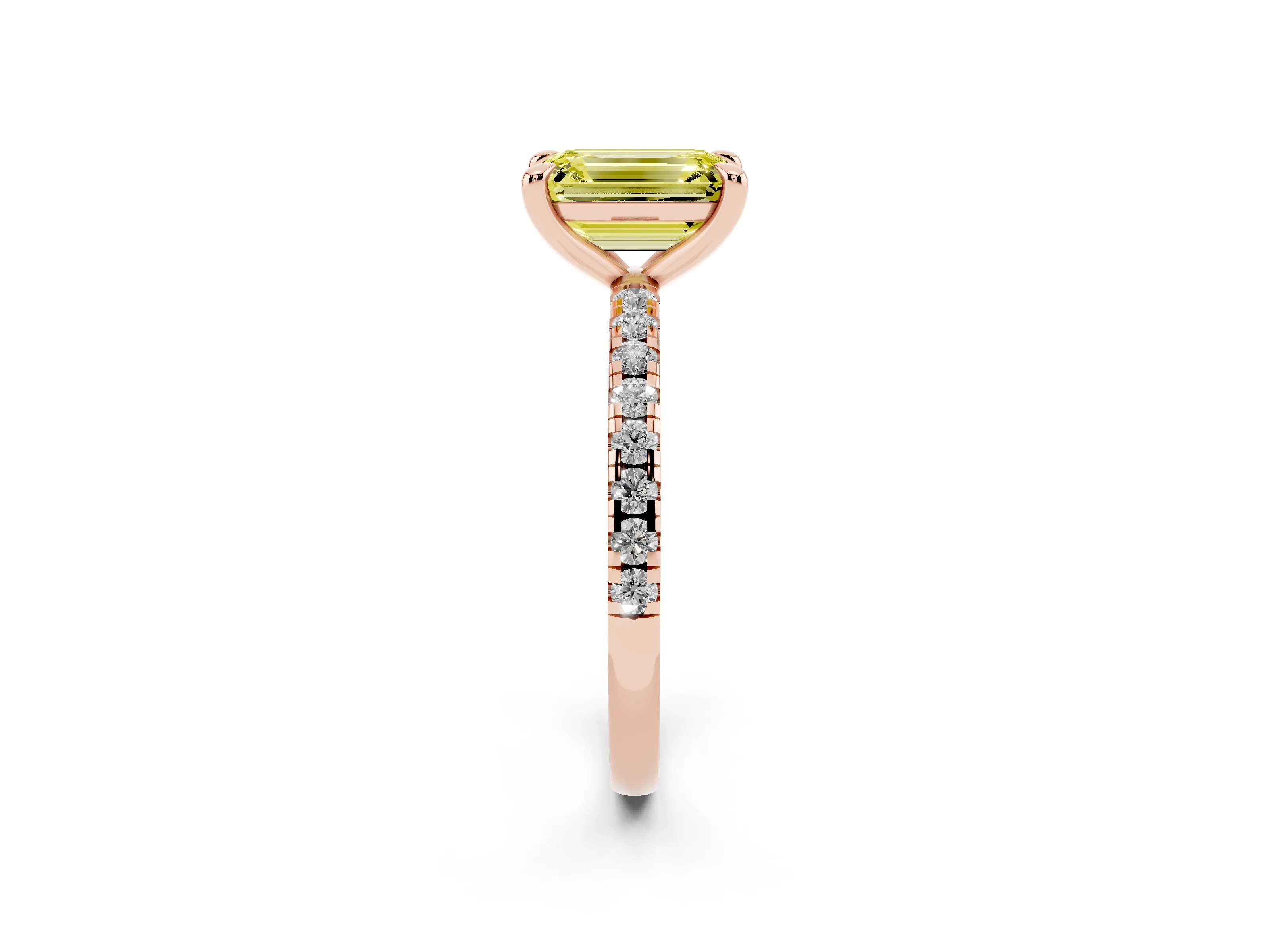 Fancy Yellow Emerald Cut Diamond Brilliant Solitaire Ring Set in Rose gold with Pavé Band and Prong Setting