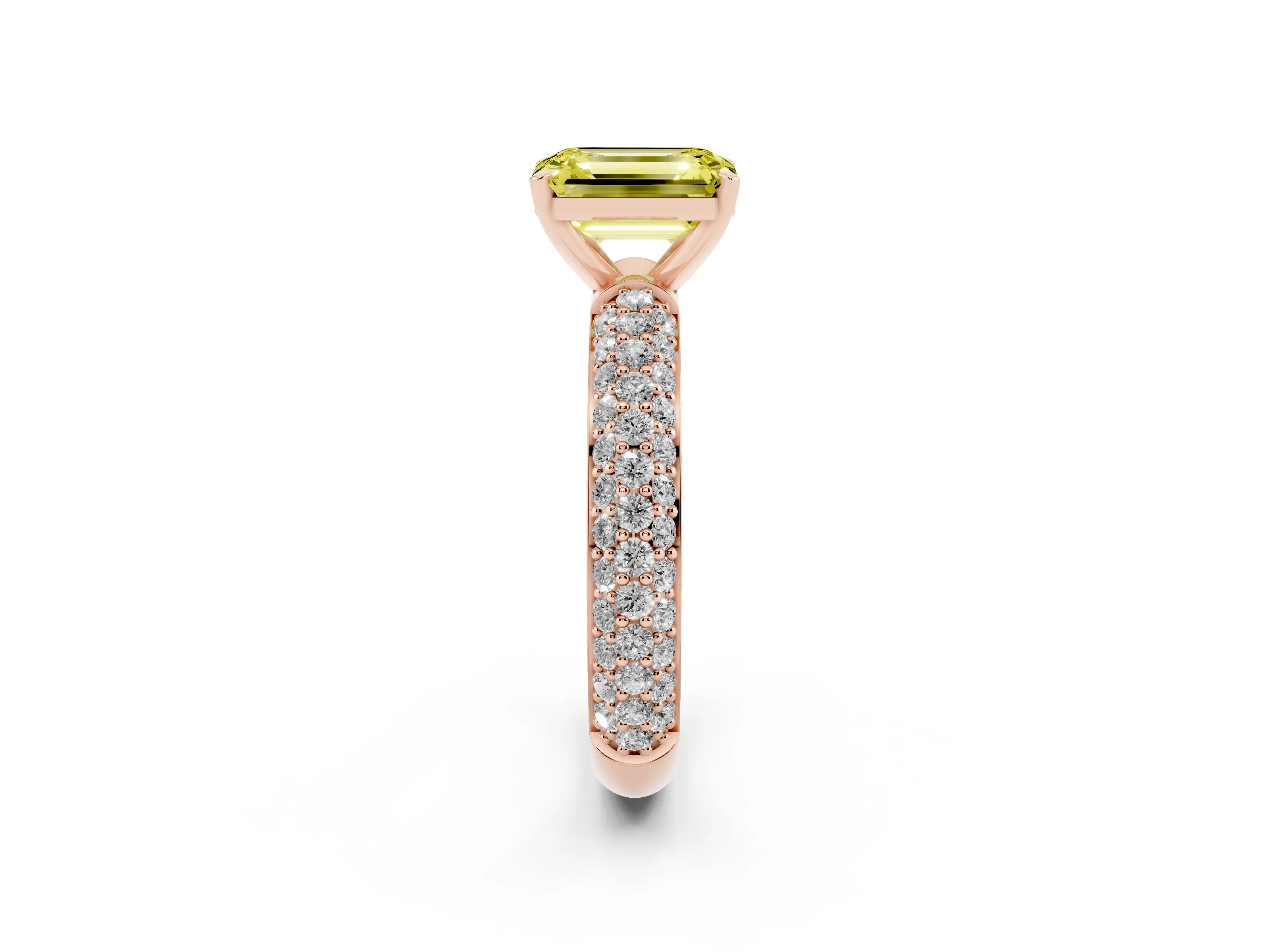 Fancy Yellow Emerald Cut Diamond Solitaire Ring Set in Rose gold with Prong Setting and Pavé-Set Band