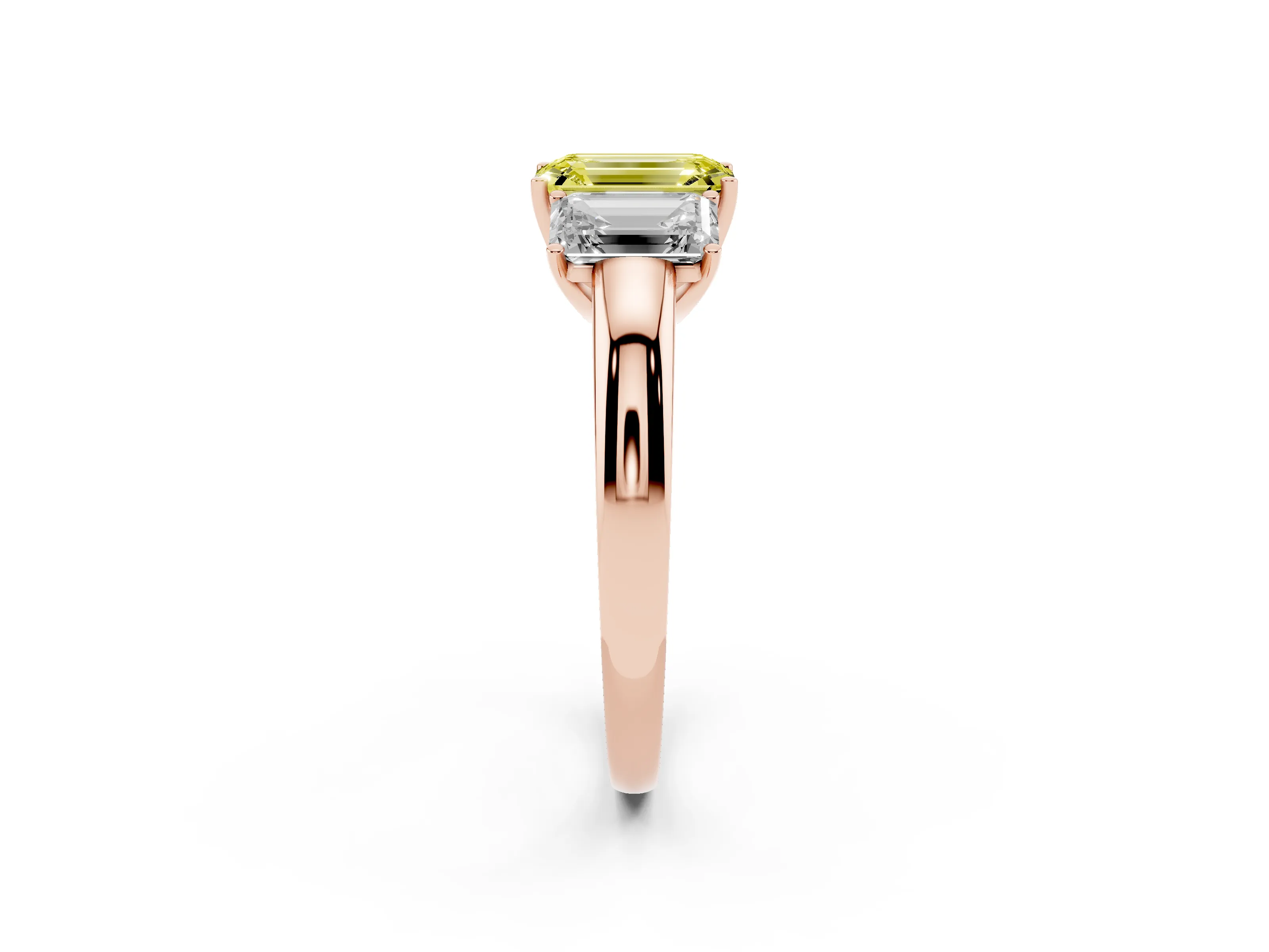 Fancy Yellow Emerald Cut Diamond Three-Stone Ring Set in Rose gold with Bold Center and Classic Band