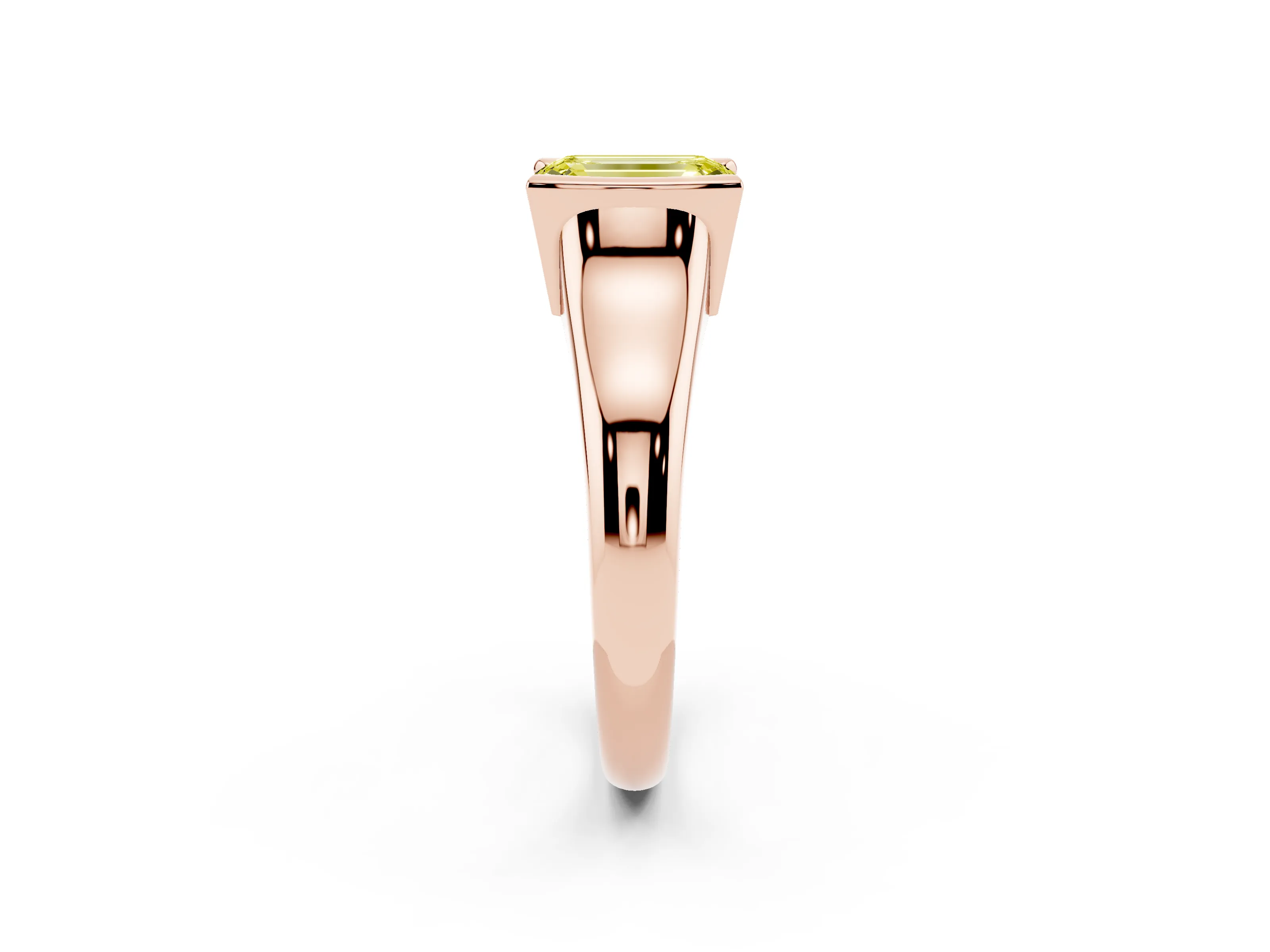 Fancy Yellow Emerald Cut Diamond Solitaire Tension Set Ring Set in Rose gold with Split Shank Band