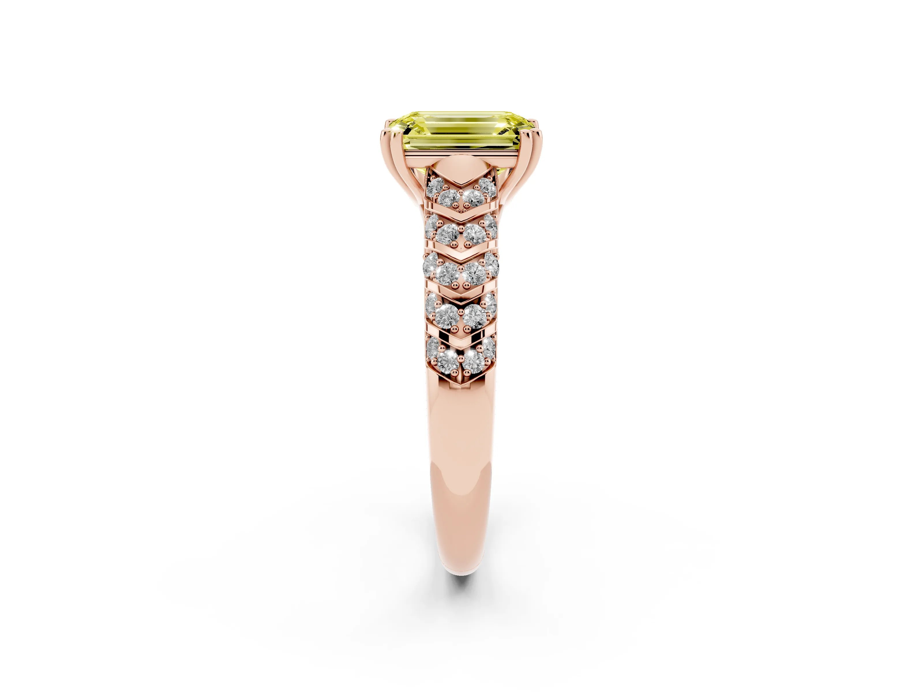 Fancy Yellow Emerald Cut Diamond Solitaire Chevron Pavé Engagement Ring Set in Rose gold with Prong Setting