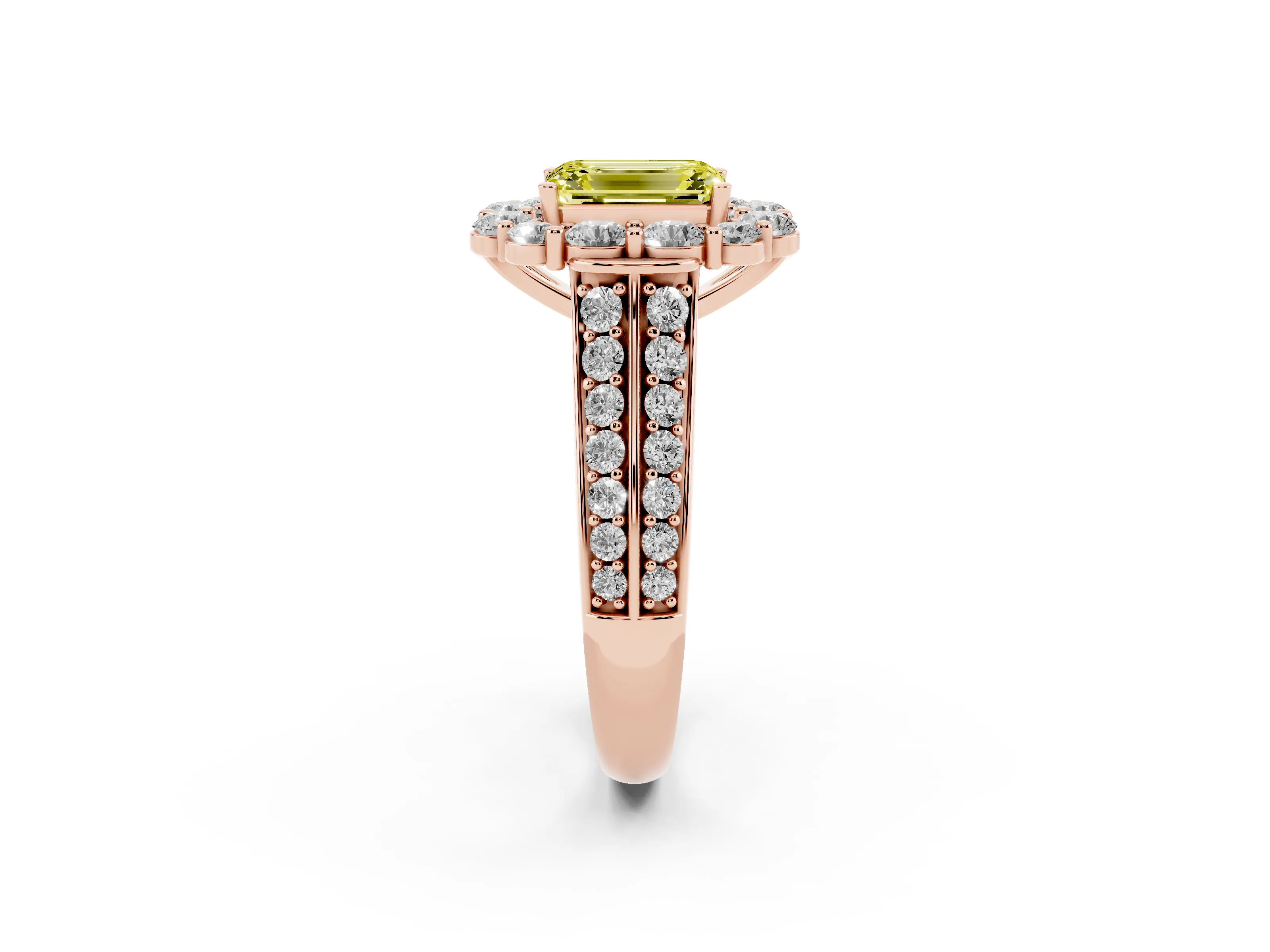 Fancy Yellow Emerald Cut Diamond Halo Engagement Ring Set in Rose gold with Split Shank and Prong Setting