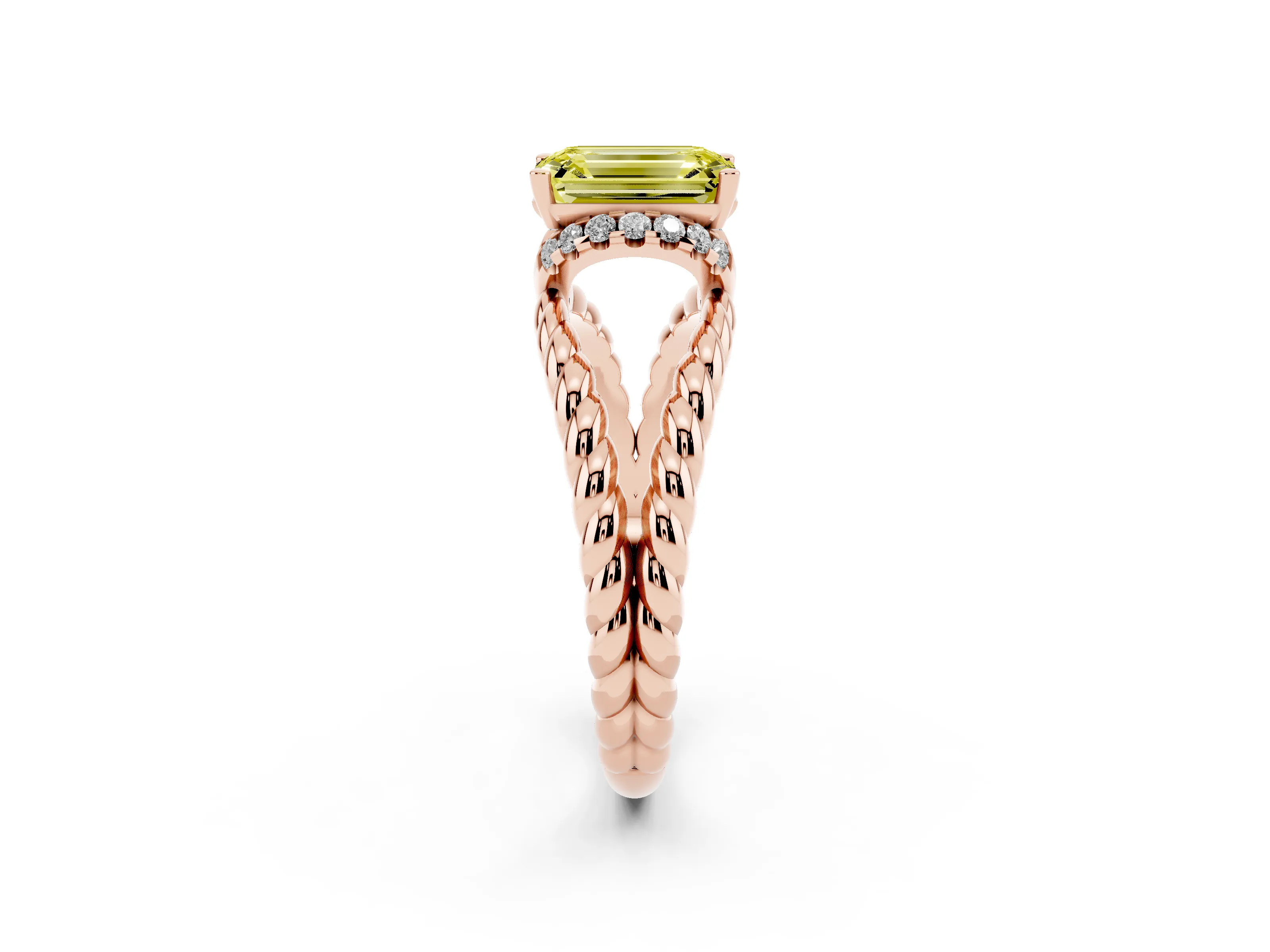 Fancy Yellow Emerald Cut Diamond Halo Ring Set in Rose gold with Twisted Band and Prong Setting