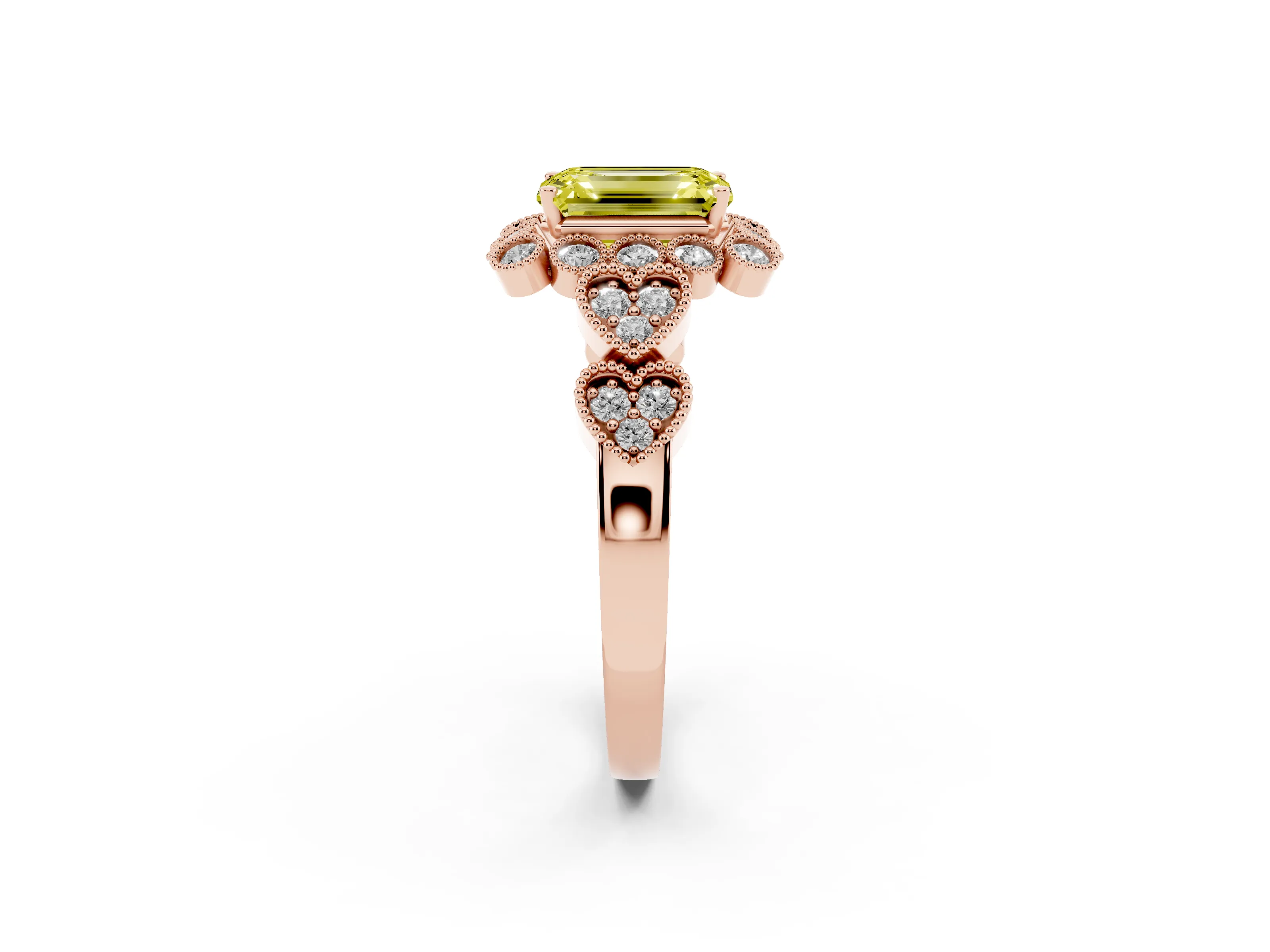 Fancy Yellow Emerald Cut Diamond Solitaire Ring Set in Rose gold with Milgrain Pavé Heart Band