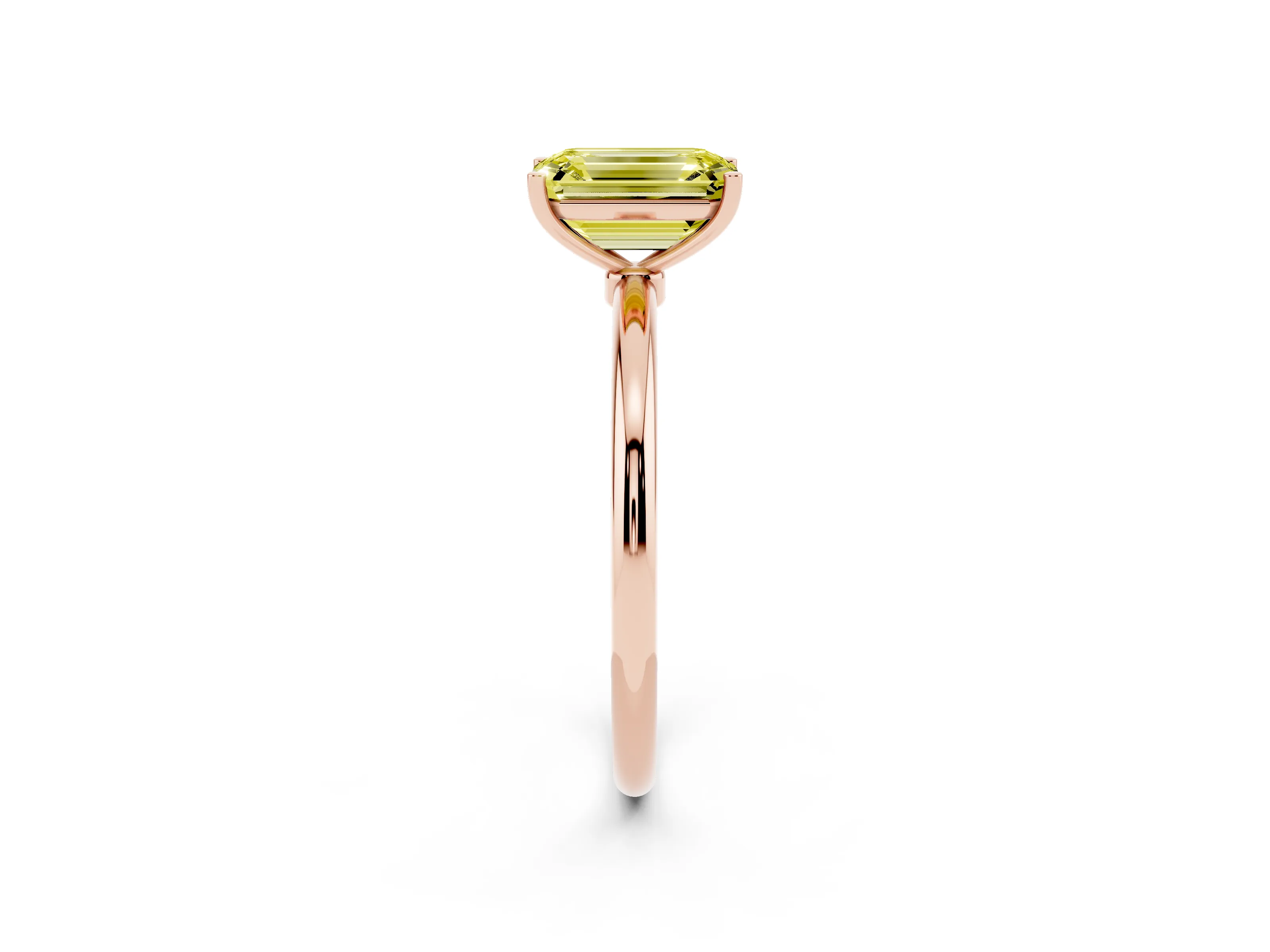 Fancy Yellow Emerald Cut Diamond Solitaire Engagement Ring Set in Rose gold with Thin Band and Prong Setting