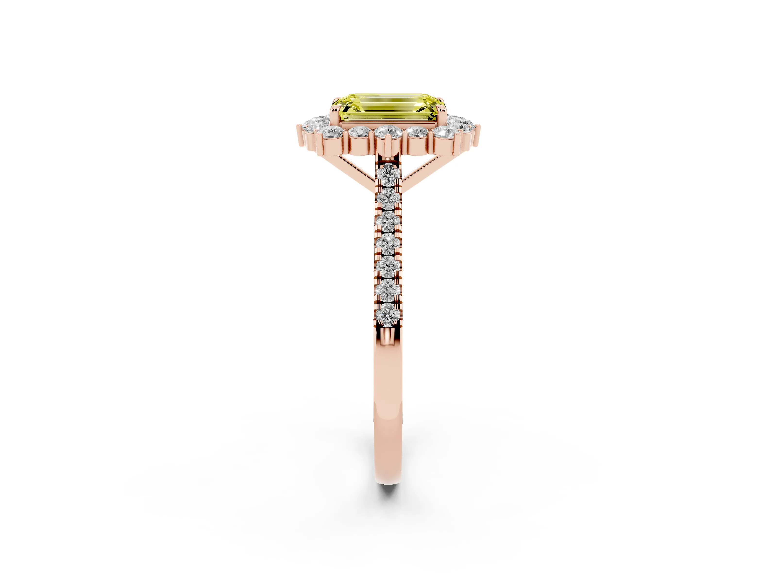 Fancy Yellow Emerald Cut Diamond Halo Ring Set in Rose gold with Pavé Band and Prong Setting