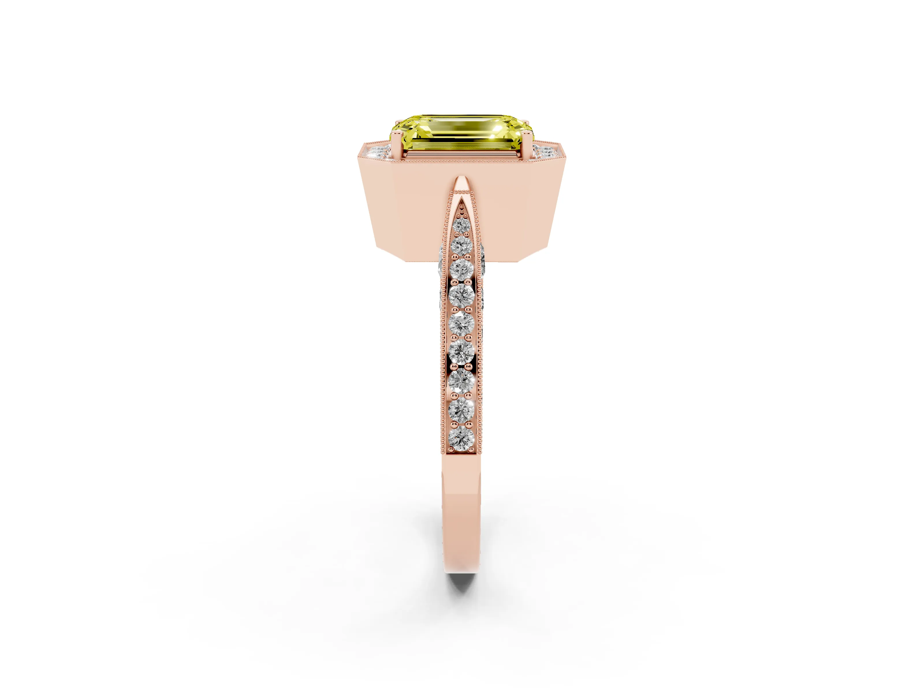 Fancy Yellow Emerald Cut Diamond Halo Engagement Ring Set in Rose gold with Accent Split Shank Band
