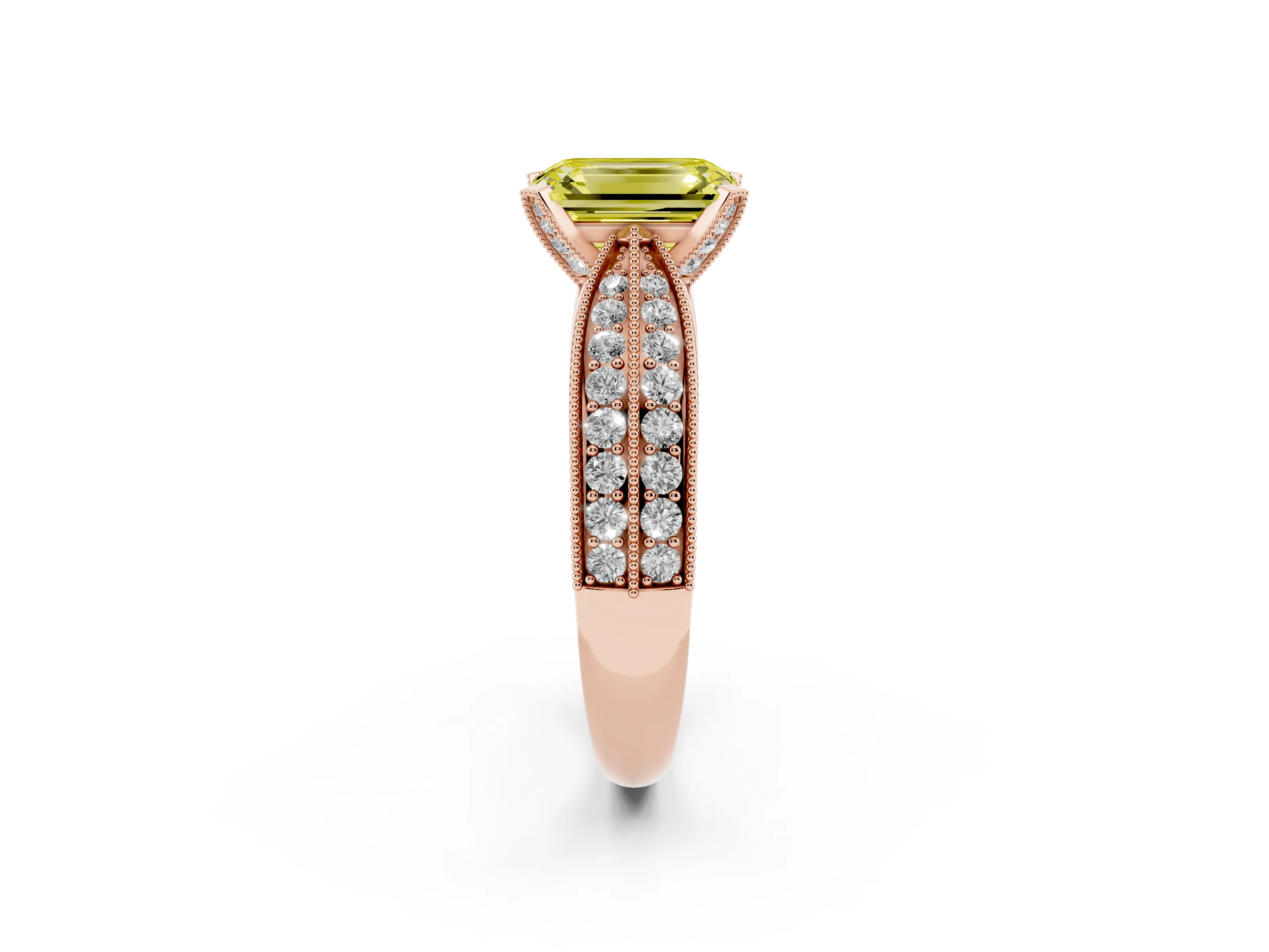 Fancy Yellow Emerald Cut Diamond Solitaire Ring Set in Rose gold with Milgrain Double Row Round Pavé Band