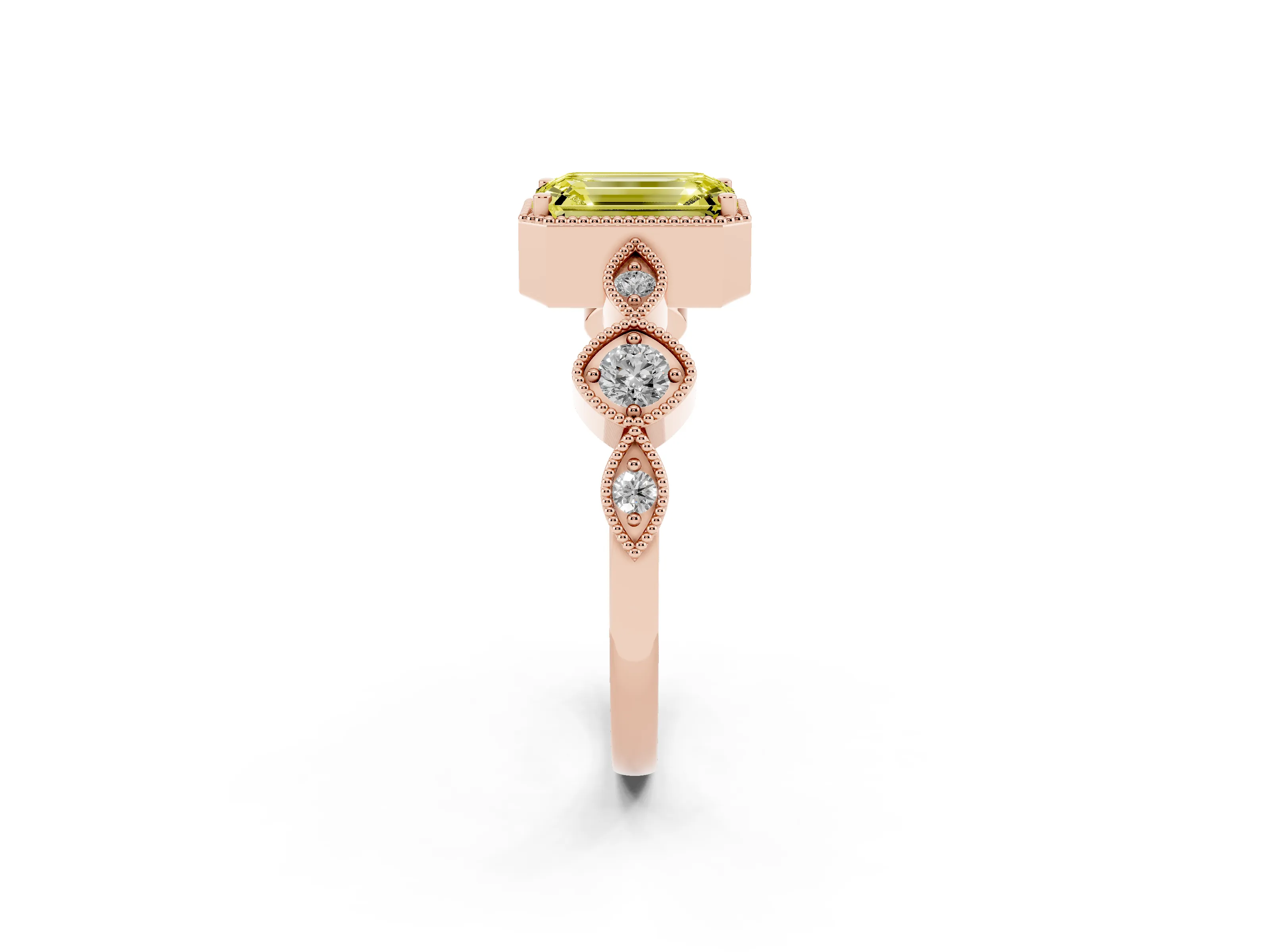 Fancy Yellow Emerald Cut Diamond Vintage-Inspired Milgrain Ring Set in Rose gold with Marquise Stations of Round Accents