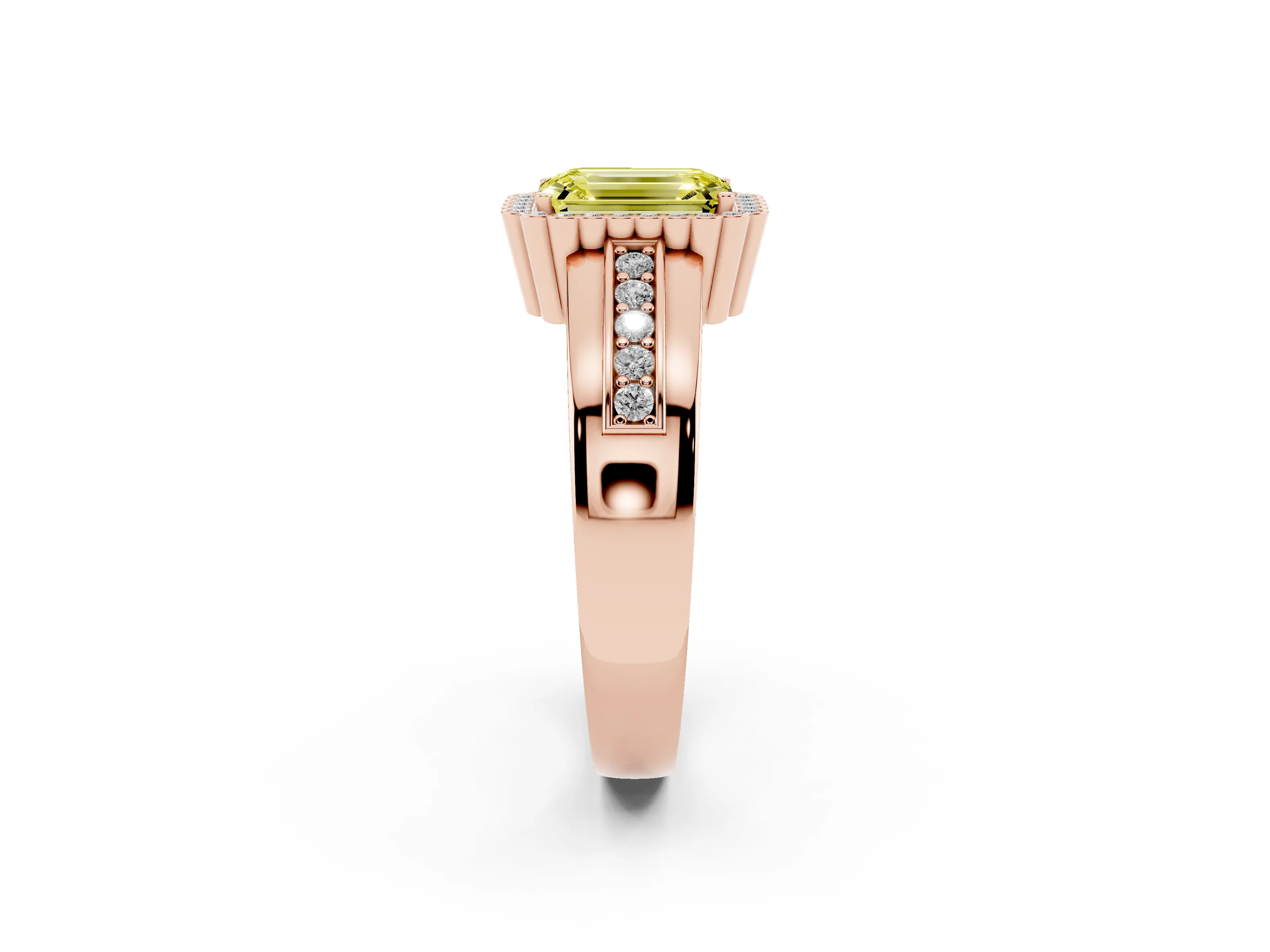 Fancy Yellow Emerald Cut Diamond Halo Prong Ring Set in Rose gold with Pavé Band