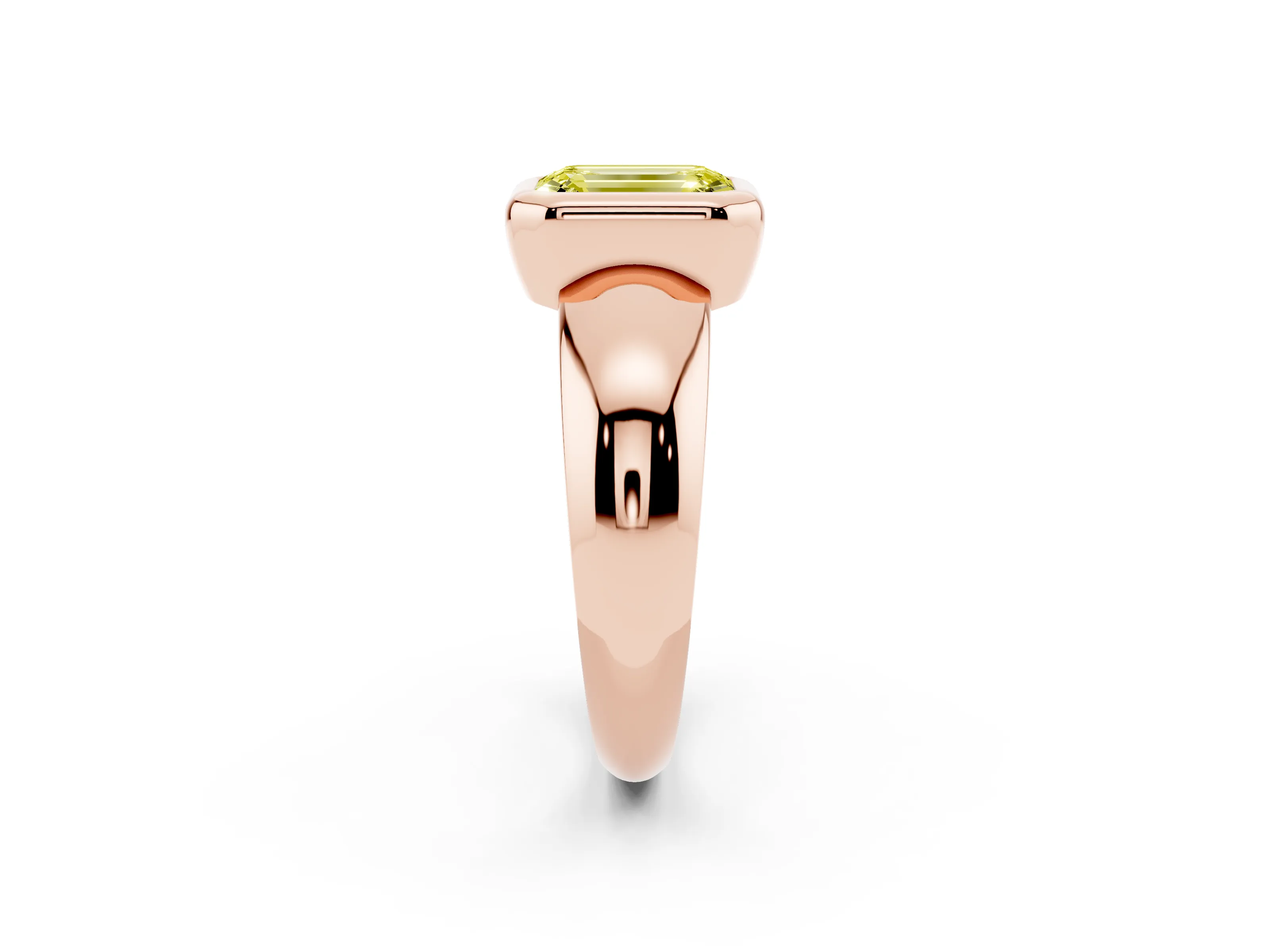 Fancy Yellow Bezel Set Emerald Cut Diamond Solitaire Ring Set in Rose gold with Wide Band
