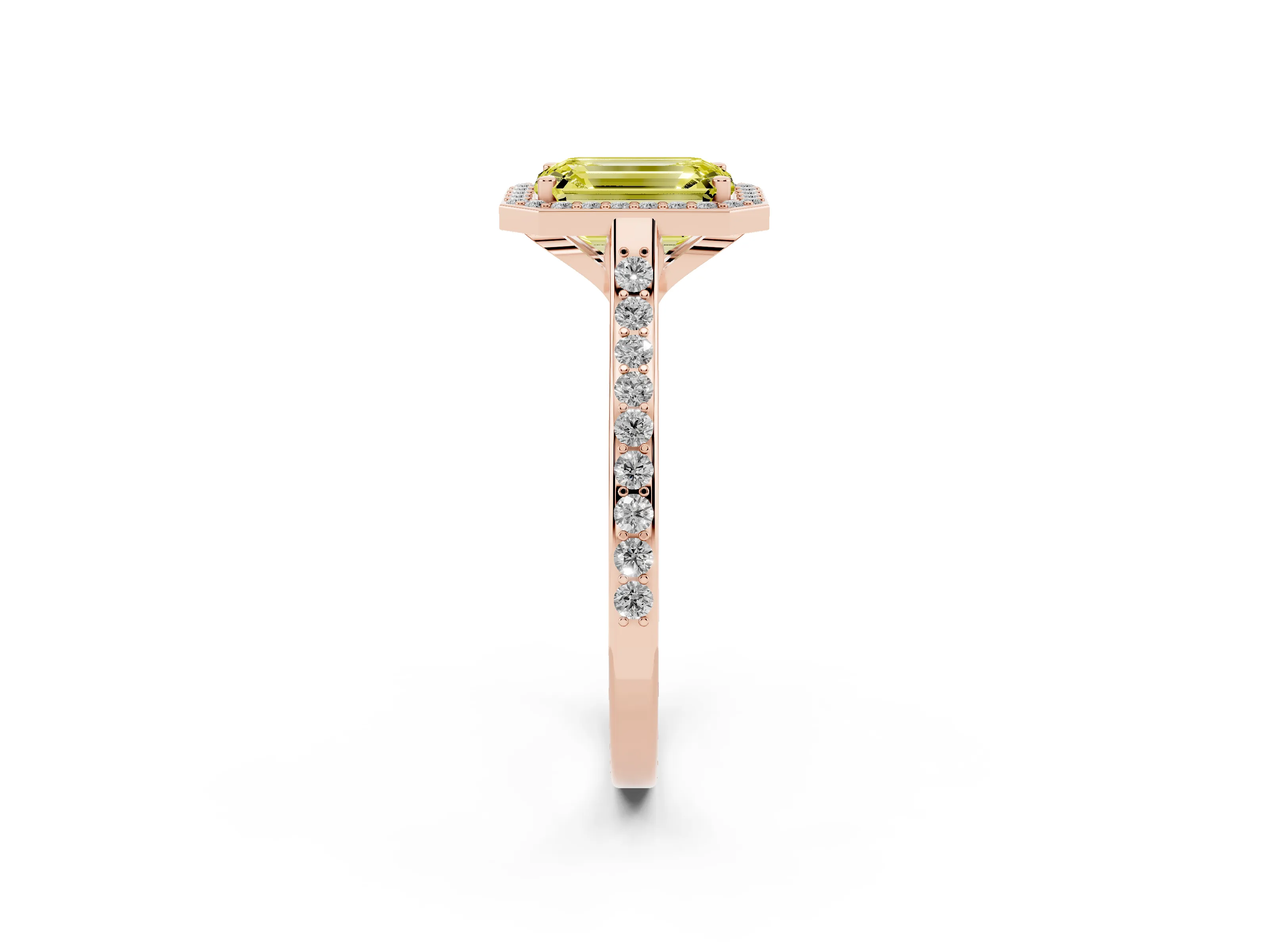 Fancy Yellow Emerald Cut Diamond Halo Engagement Ring Set in Rose gold with Round Pavé Shoulders and Heart Gallery