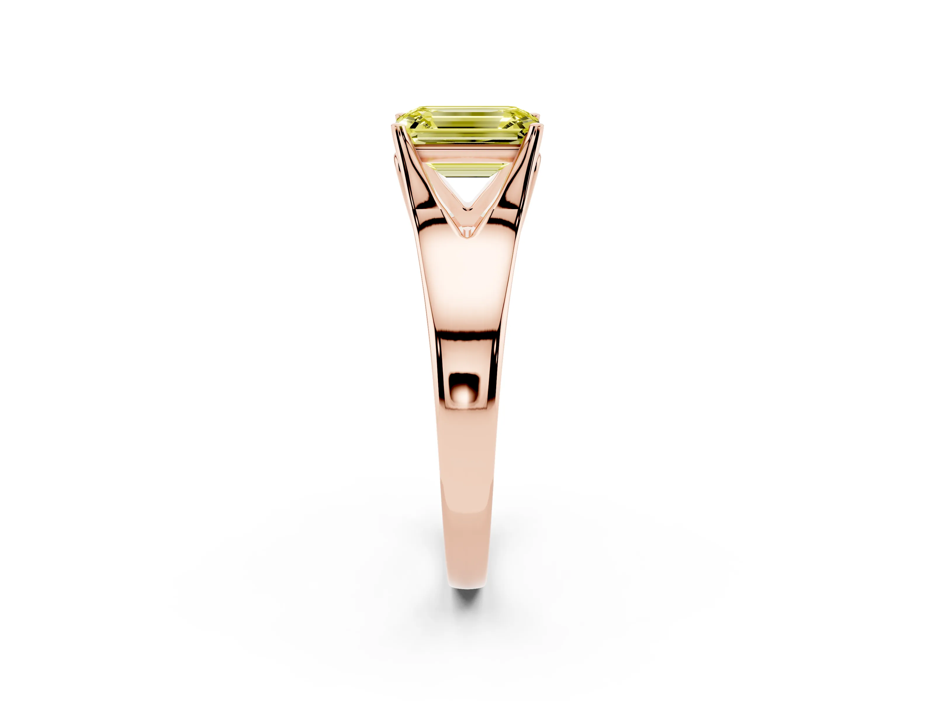 Fancy Yellow Emerald Cut Diamond Solitaire Ring Set in Rose gold with Arched Cathedral Band and Prong Setting