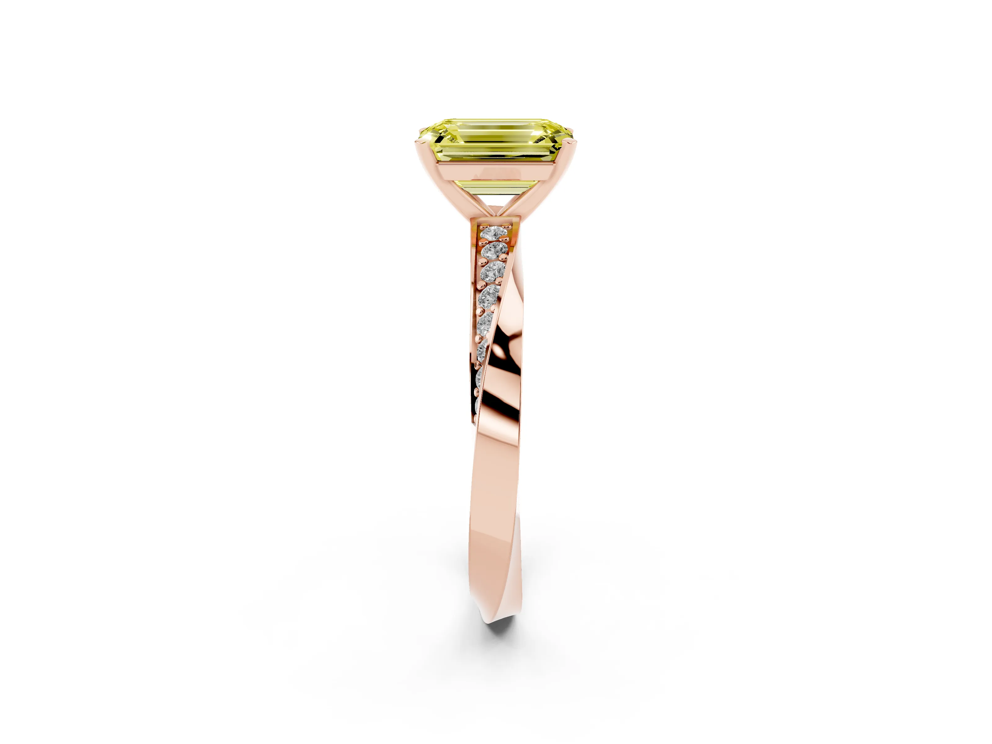 Fancy Yellow Emerald Cut Diamond Engagement Ring Set in Rose gold with Side Stone Accents and Prong Setting