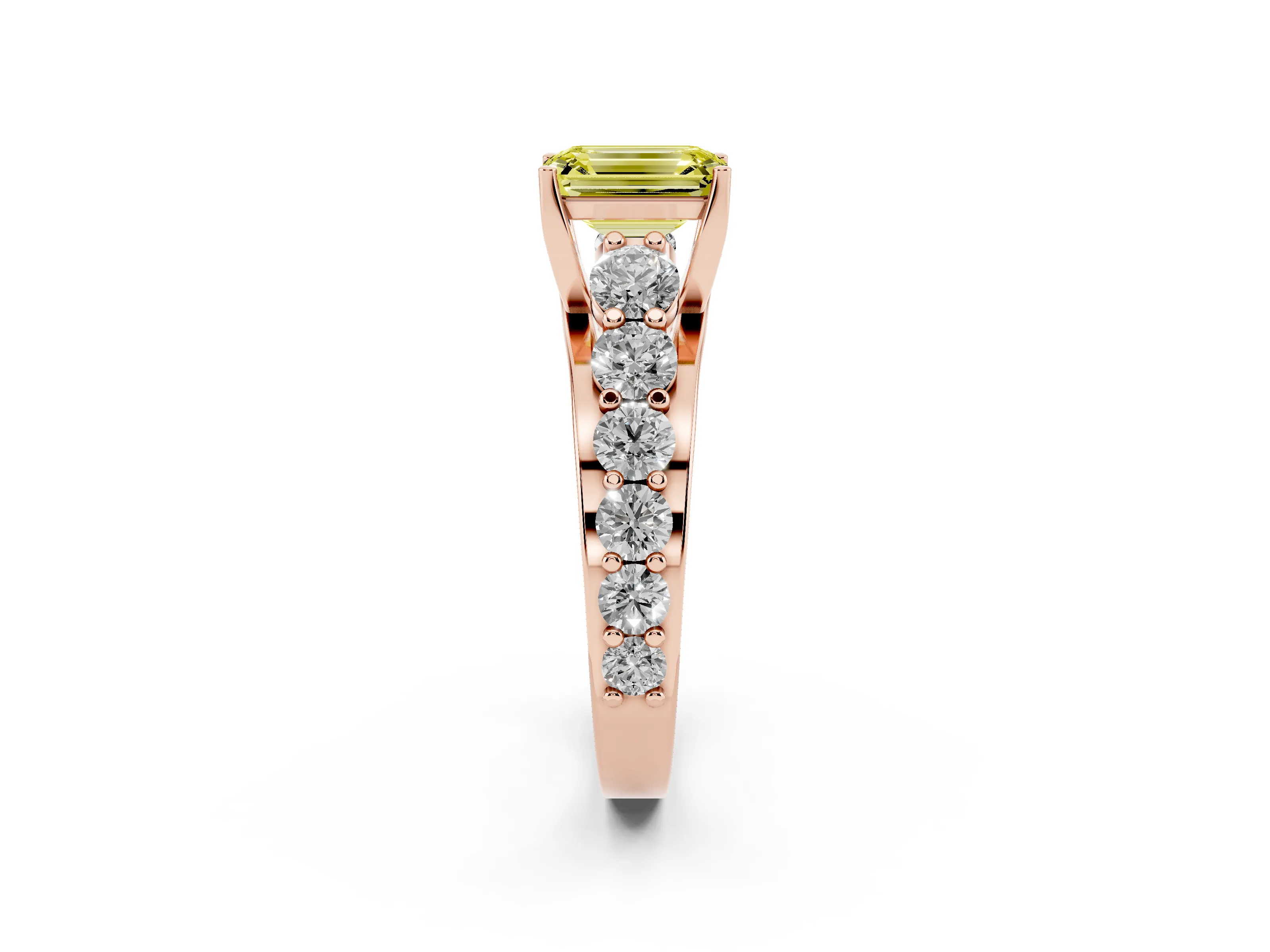 Fancy Yellow Emerald Cut Diamond Pavé Engagement Ring Set in Rose gold with Prong Setting