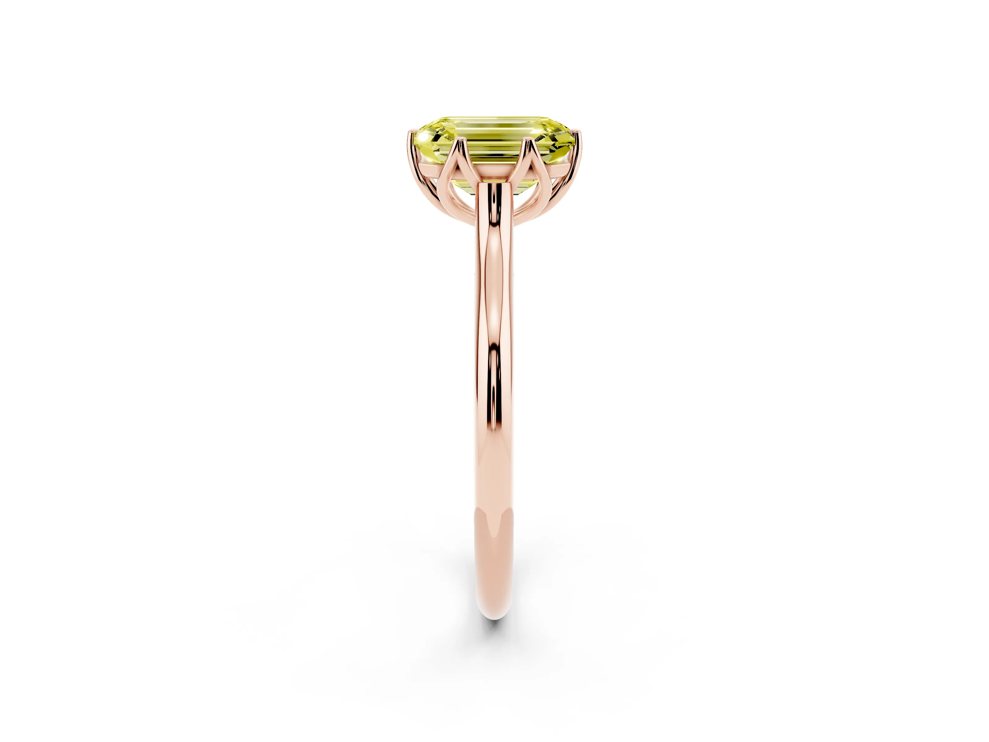 Fancy Yellow Emerald Cut Diamond Solitaire Cathedral Ring Set in Rose gold with Prong Setting