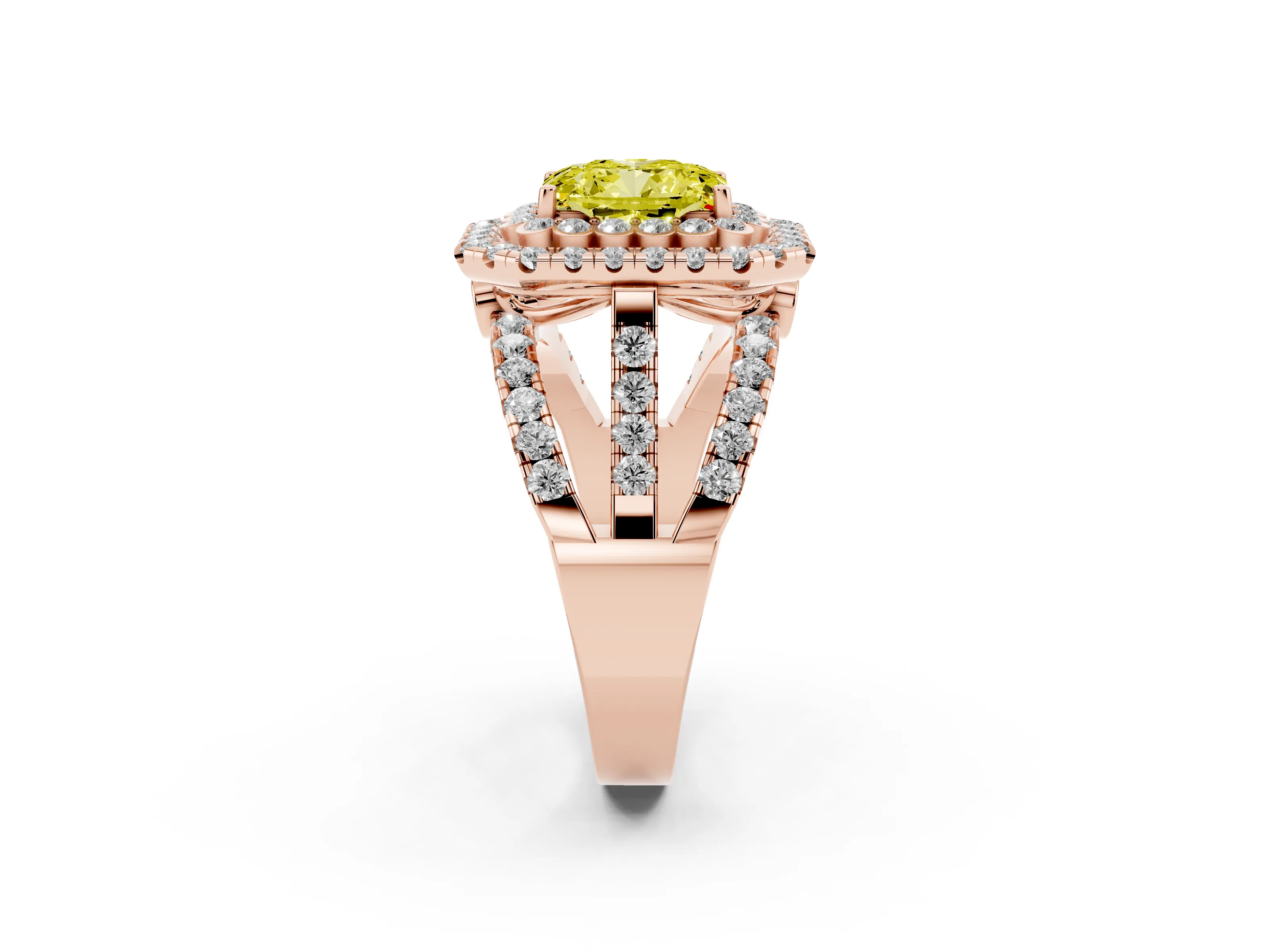 Fancy Yellow Emerald Cut Diamond Double Halo Ring Set in Rose gold with Round Pavé Split Shank