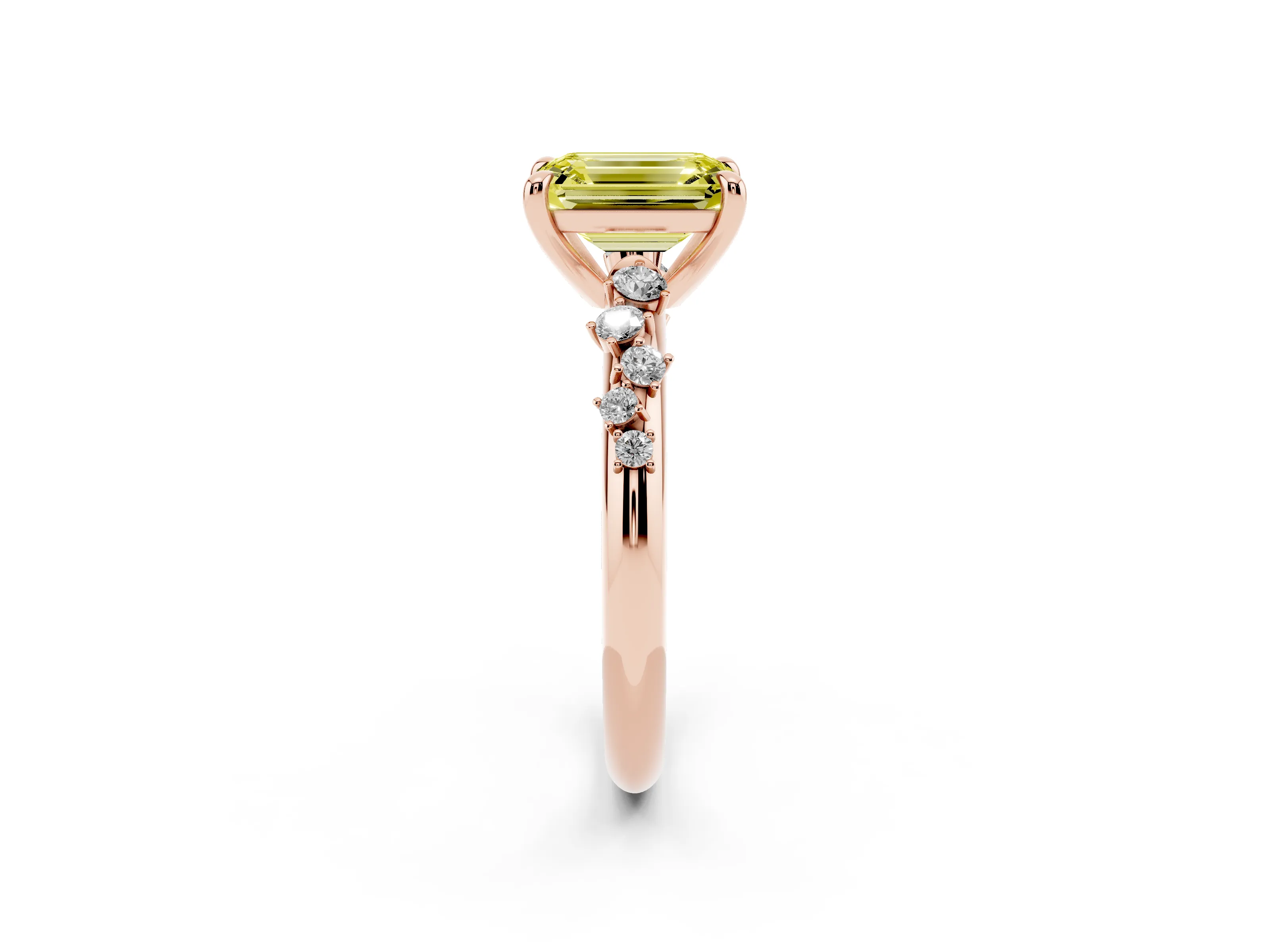 Fancy Yellow Emerald Cut Diamond Solitaire Vine Band Ring Set in Rose gold with Round Accents and Prong Setting