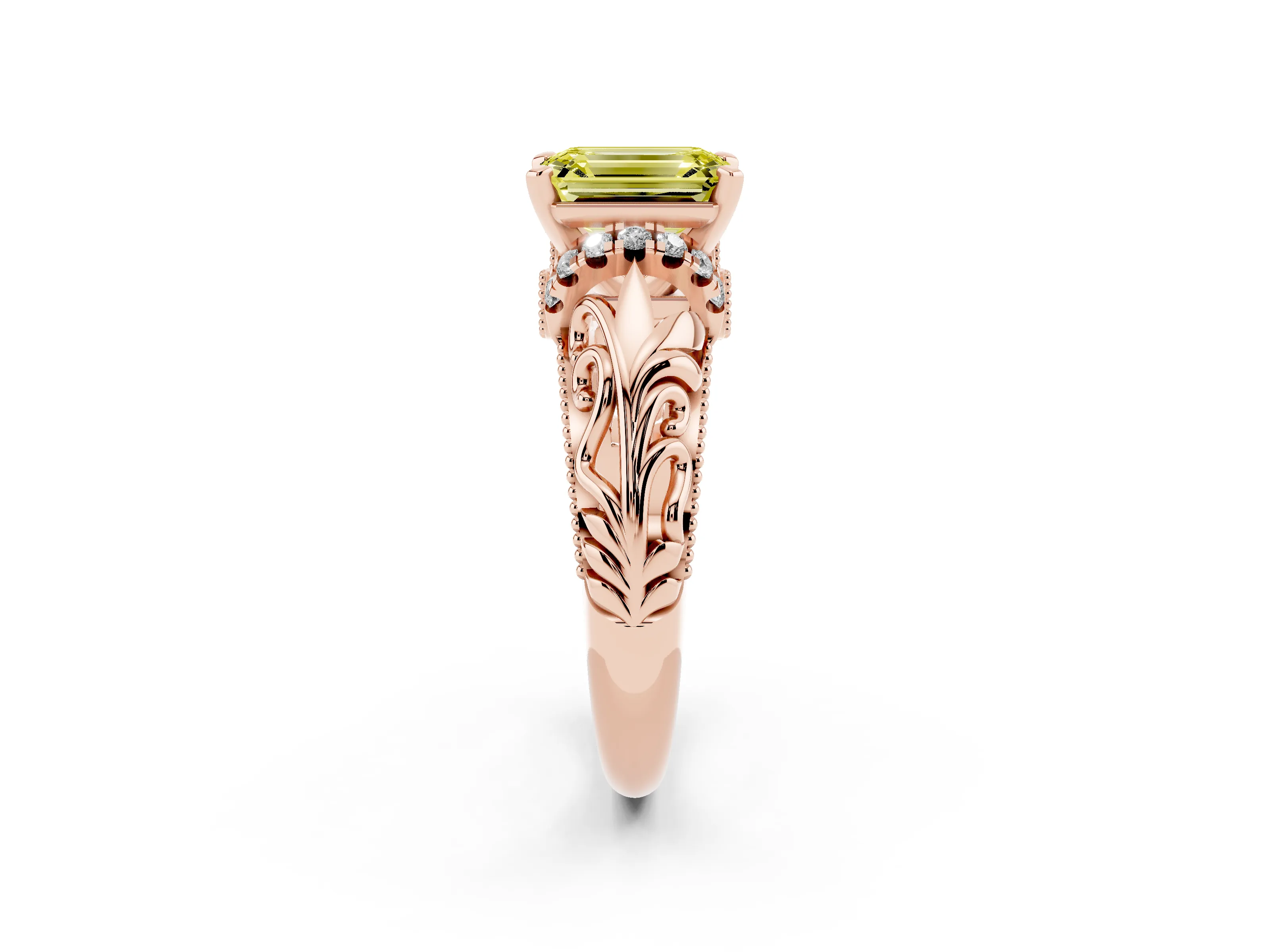 Fancy Yellow Emerald Cut Diamond Filigree Halo Engagement Ring Set in Rose gold with Prong Setting