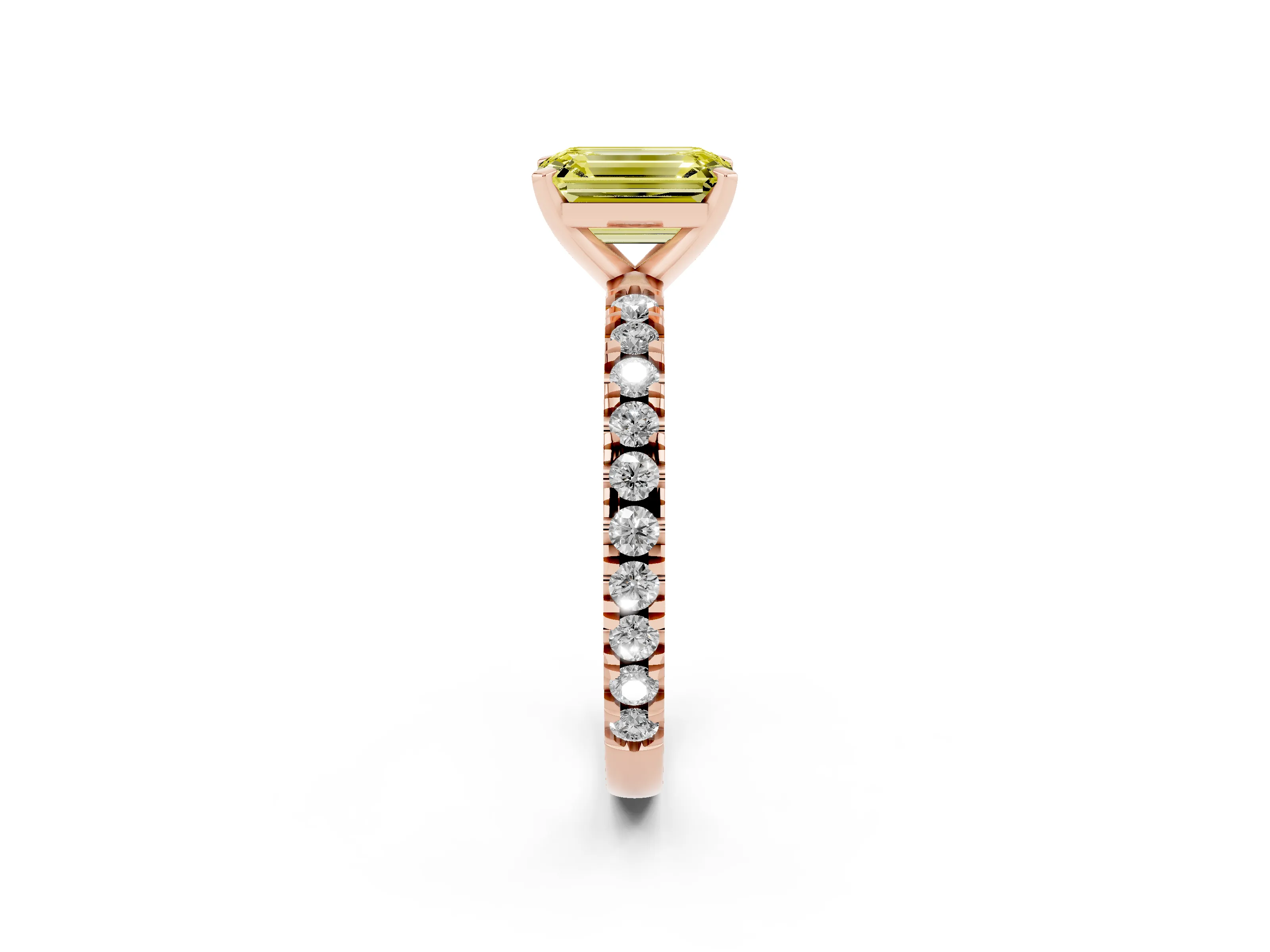 Fancy Yellow Emerald Cut Diamond Pavé Band Solitaire Set in Rose gold with Prong Setting