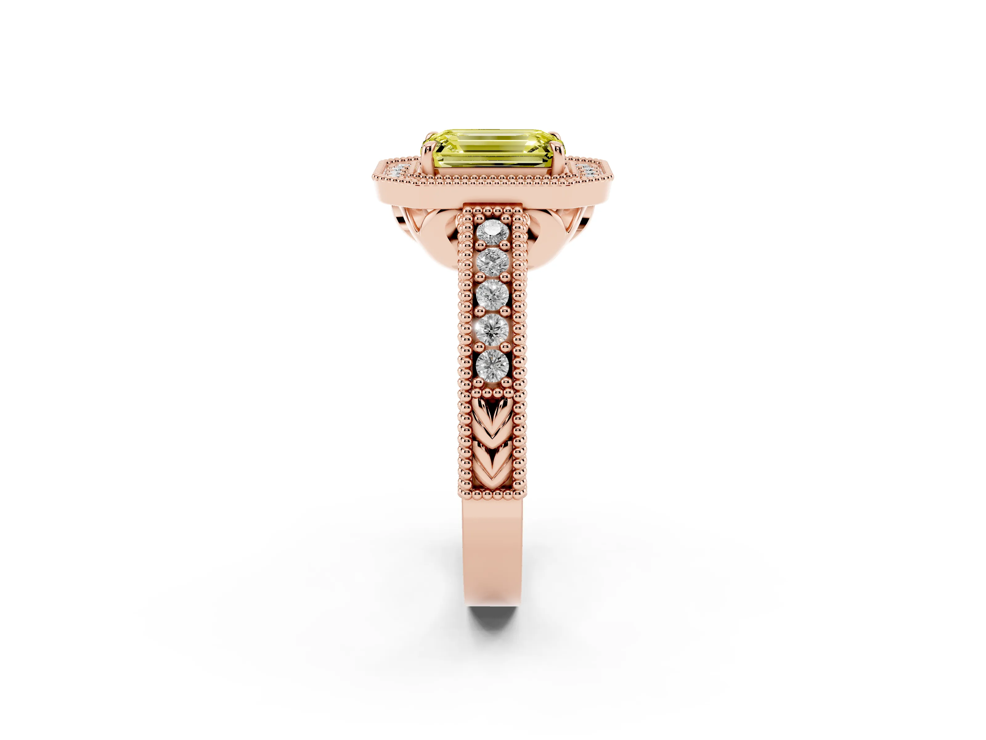 Fancy Yellow Emerald Cut Diamond Halo Ring Set in Rose gold with Round Accent Halo, Pavé Band and Prong Setting