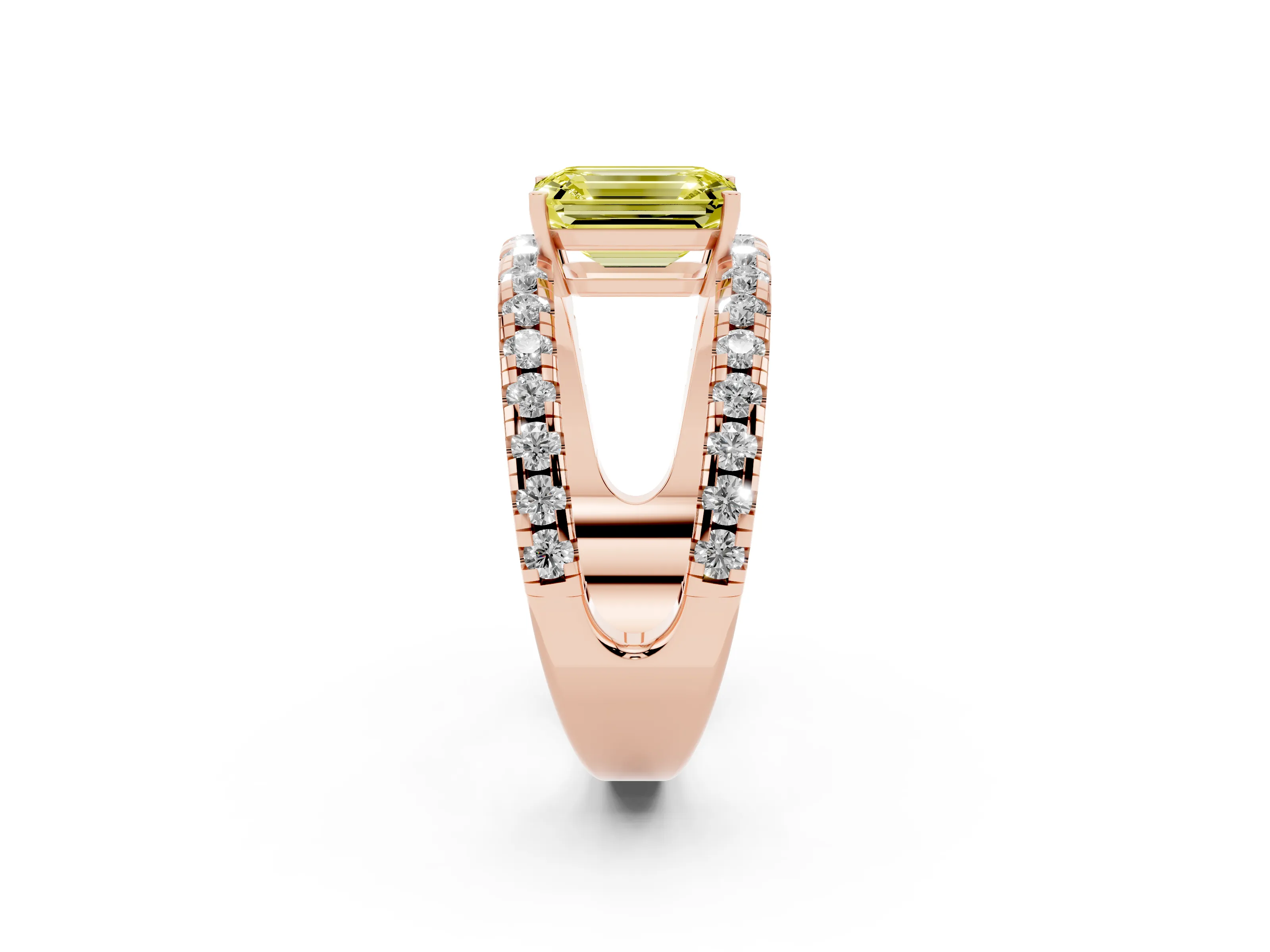 Fancy Yellow Emerald Cut Diamond Split Shank Pavé Solitaire Ring Set in Rose gold with Open Shank Design