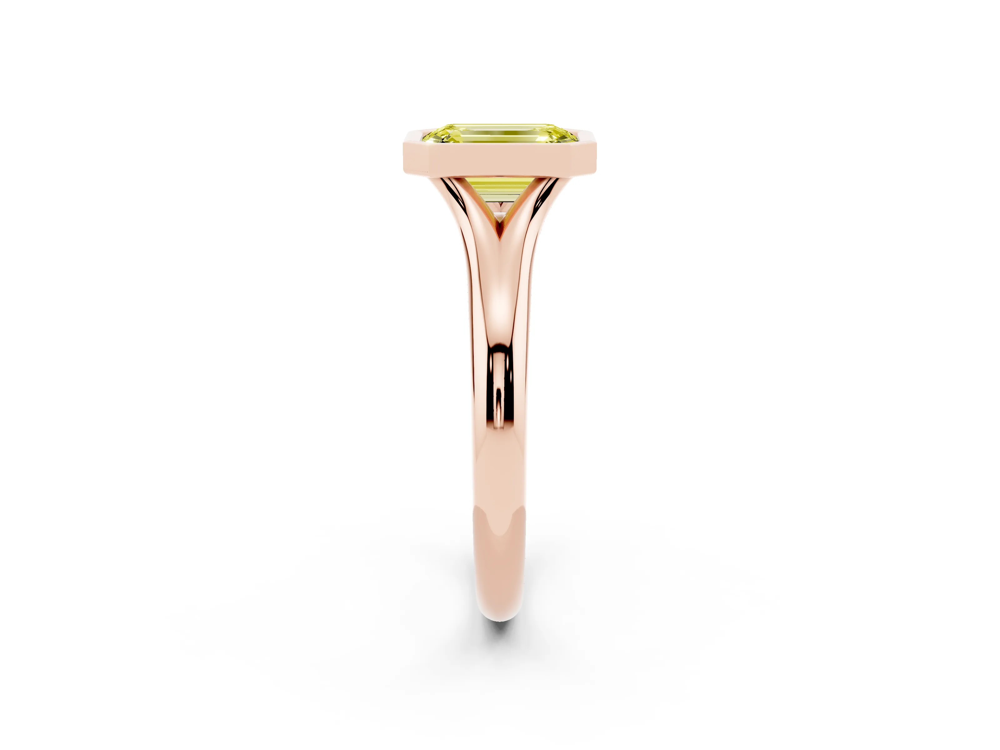 Fancy Yellow Bezel Set Emerald Cut Diamond Solitaire Ring Set in Rose gold with Smooth Band