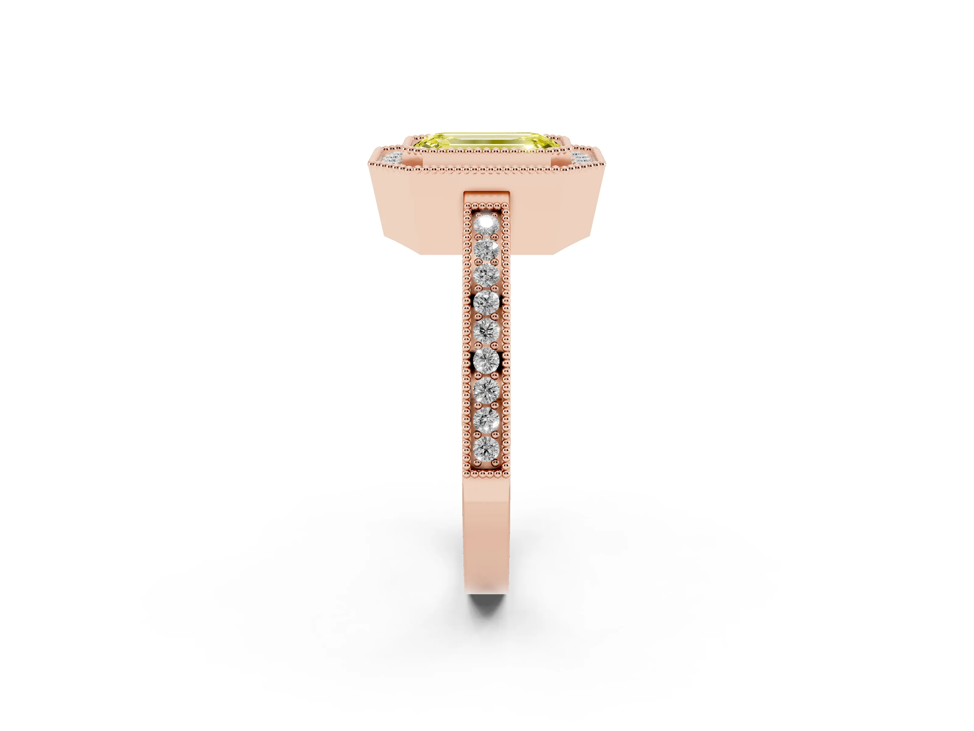 Fancy Yellow Emerald Cut Diamond Halo Ring Set in Rose gold with Pavé Band and Milgrain-Edged Prongs