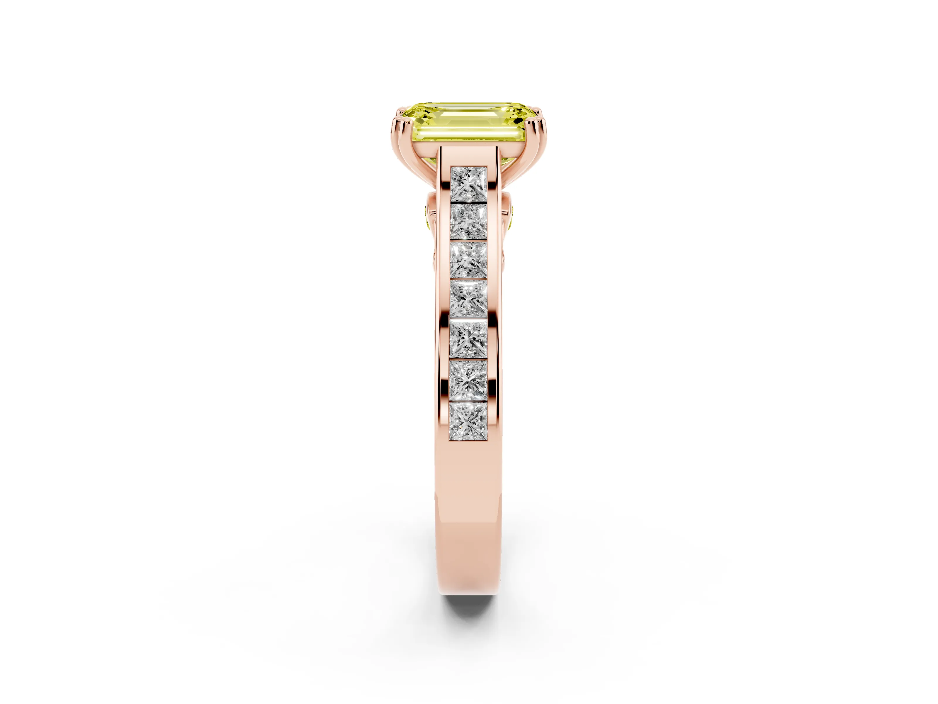 Fancy Yellow Emerald Cut Diamond Channel Set Solitaire Engagement Ring Set in Rose gold with Prong Setting