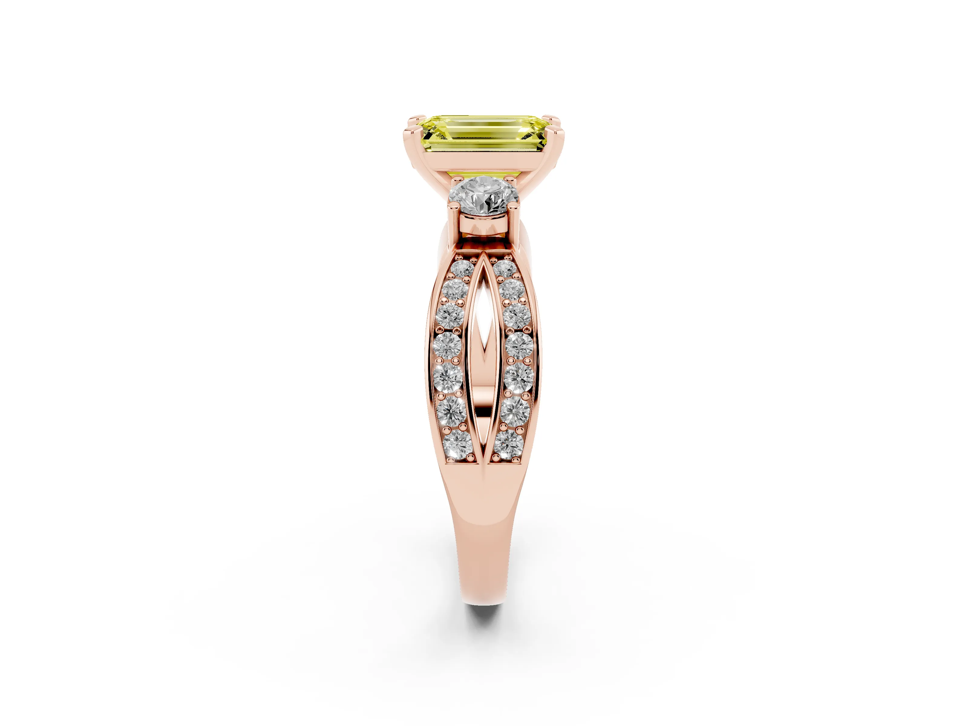 Fancy Yellow Three-Stone Emerald Cut Diamond Twist Band Ring Set in Rose gold with Pavé Accents and Prong Setting