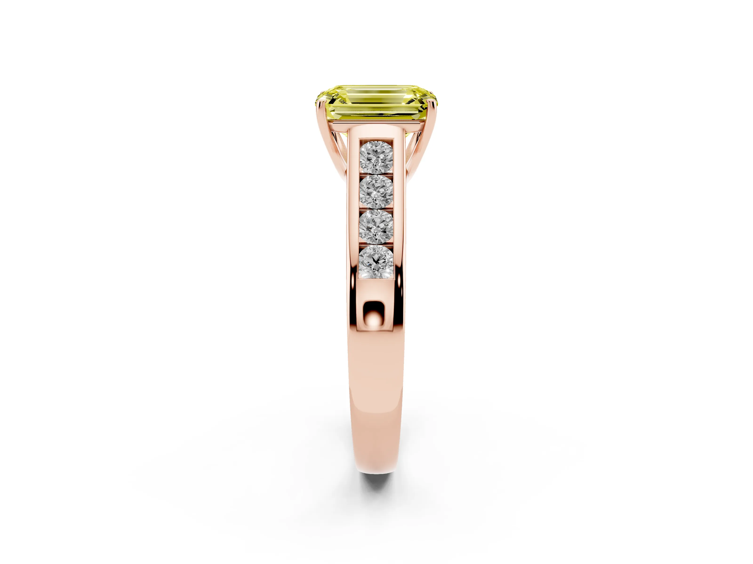 Fancy Yellow Emerald Cut Diamond Brilliant Channel-Set Solitaire Ring Set in Rose gold with Prong Setting