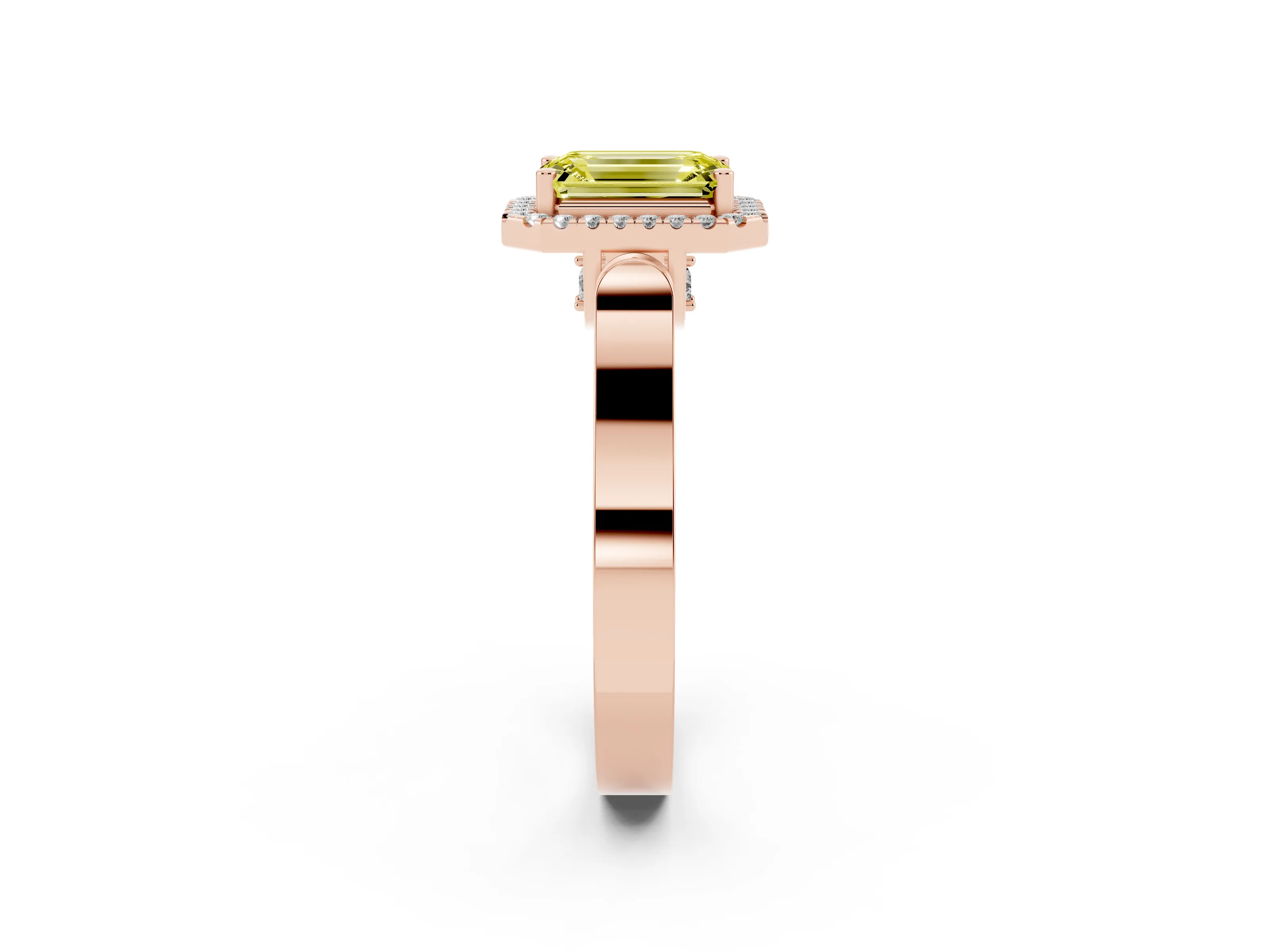 Fancy Yellow Emerald Cut Diamond Halo Ring Set in Rose gold with Pavé-Lined Split Shank Band