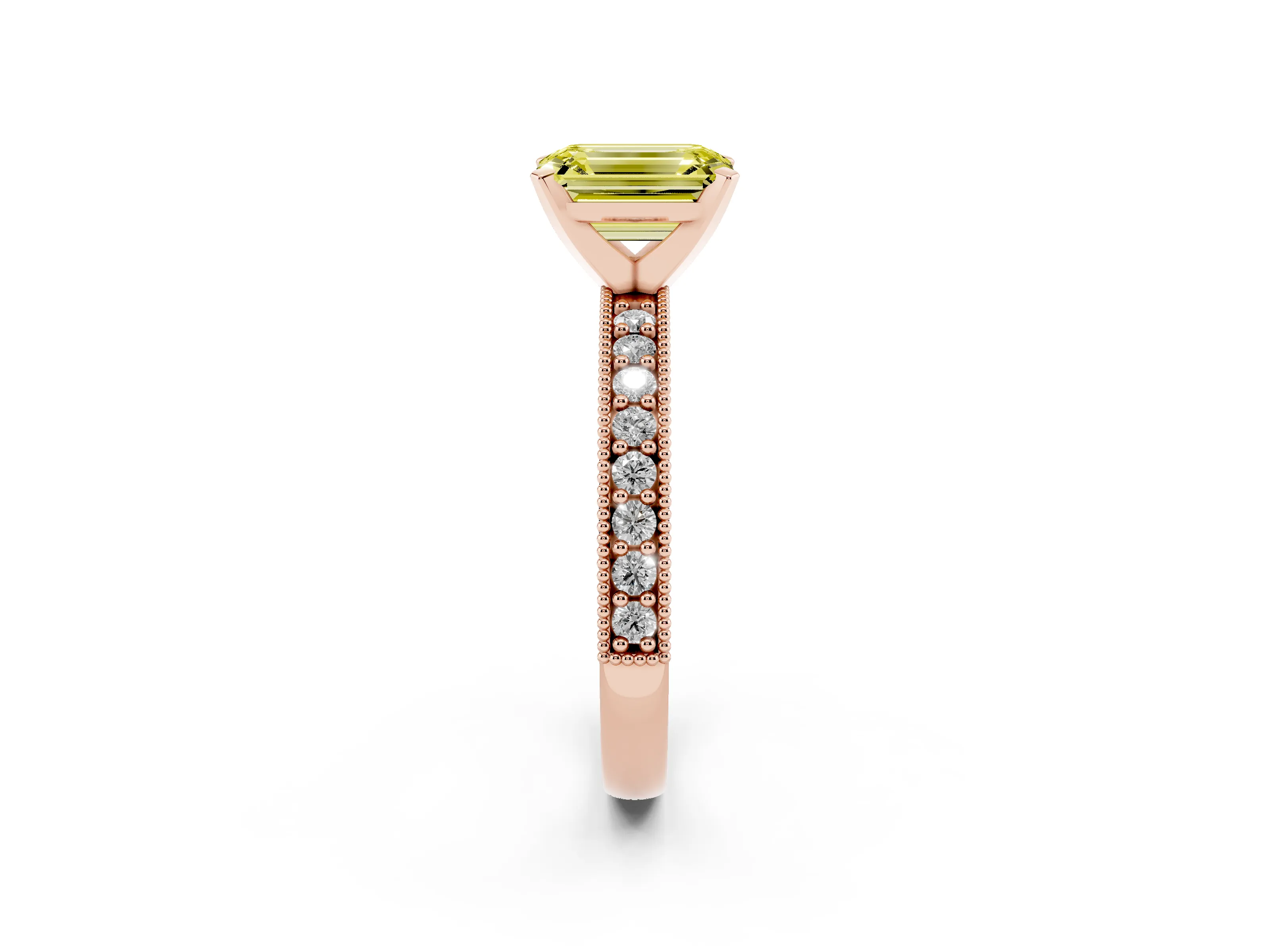 Fancy Yellow Emerald Cut Diamond Milgrain Pavé Engagement Ring Set in Rose gold with Prong Setting