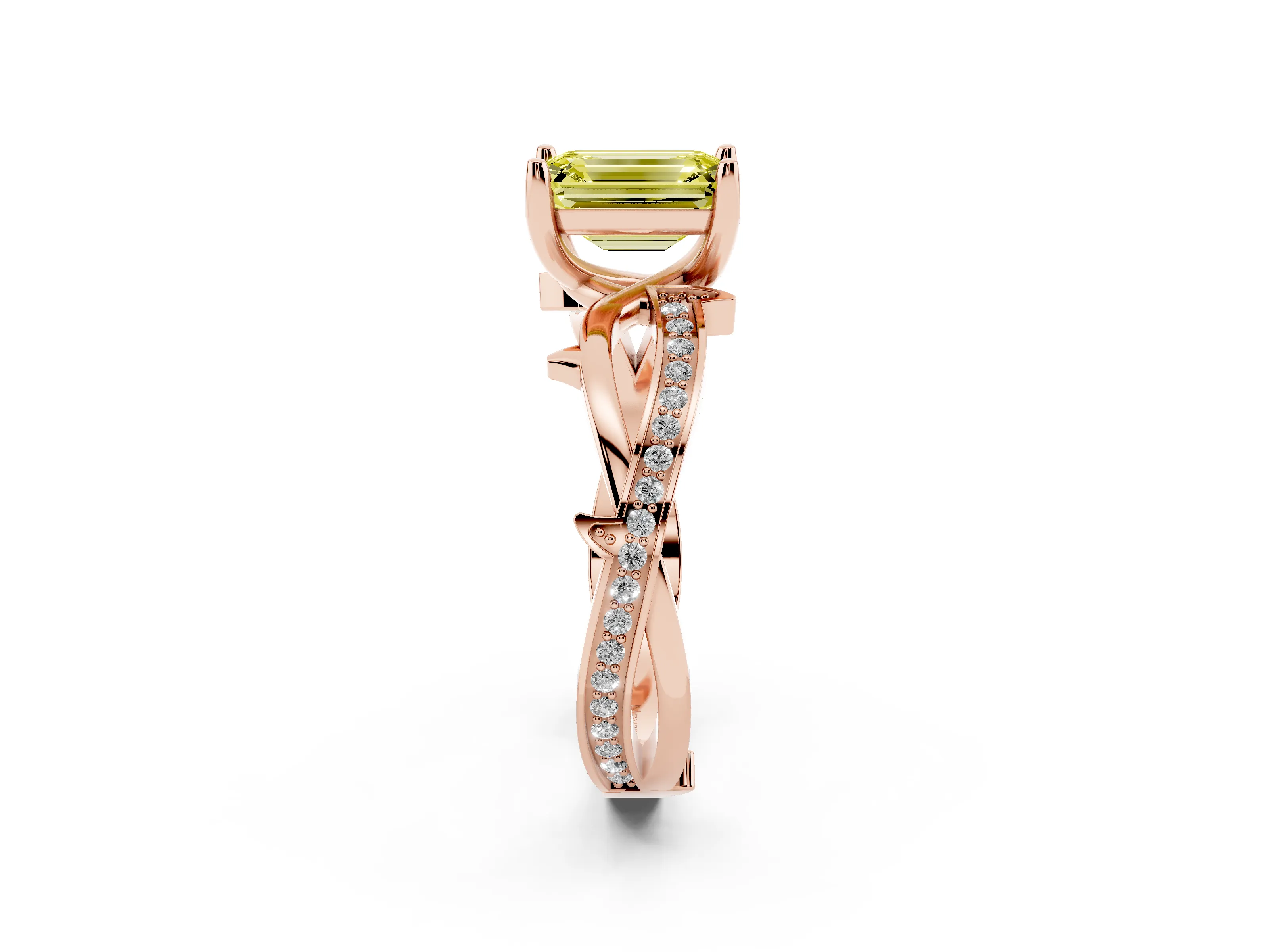Fancy Yellow Emerald Cut Diamond Pavé Twist Band Solitaire Ring Set in Rose gold with Prong Setting