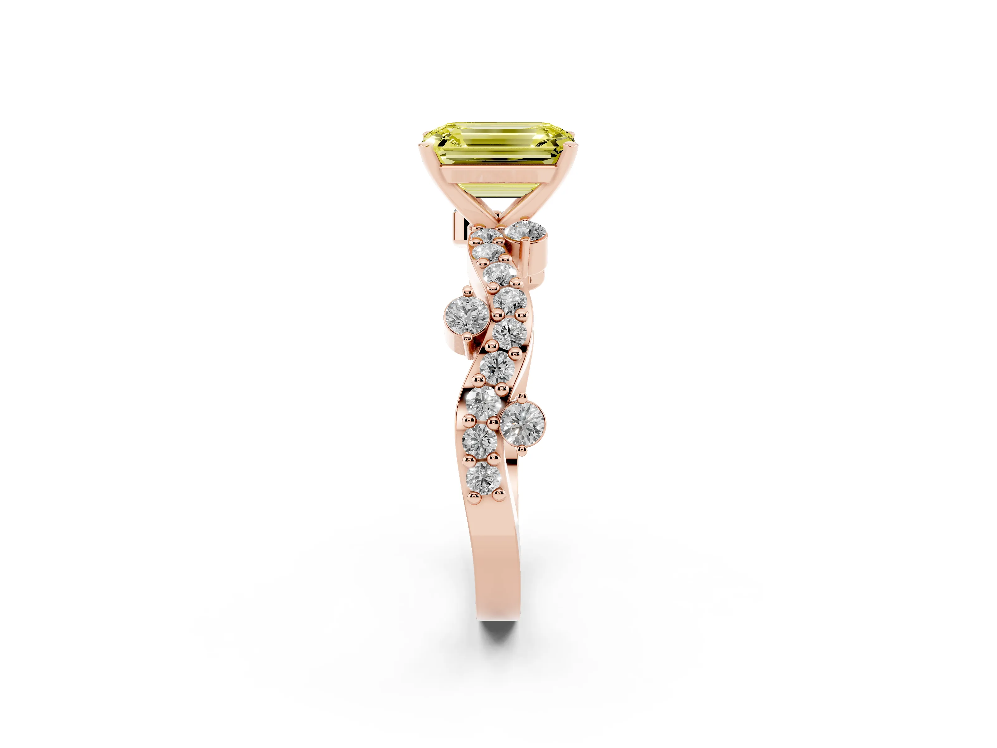 Fancy Yellow Emerald Cut Diamond Solitaire Twisted Band Set in Rose gold with Pavé Setting