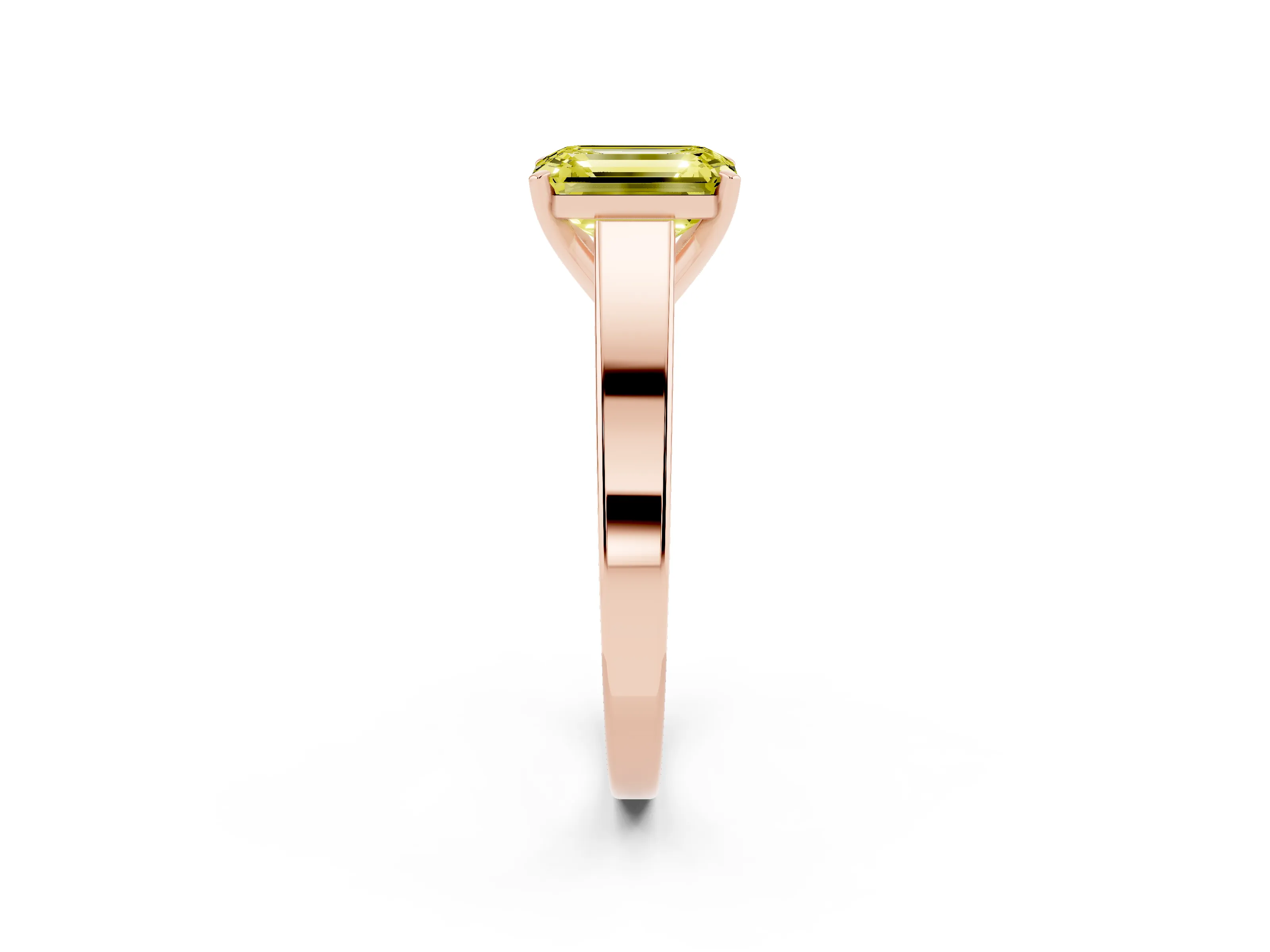 Fancy Yellow Emerald Cut Diamond Solitaire Engagement Ring Set in Rose gold with Prong Setting and Tapered Band