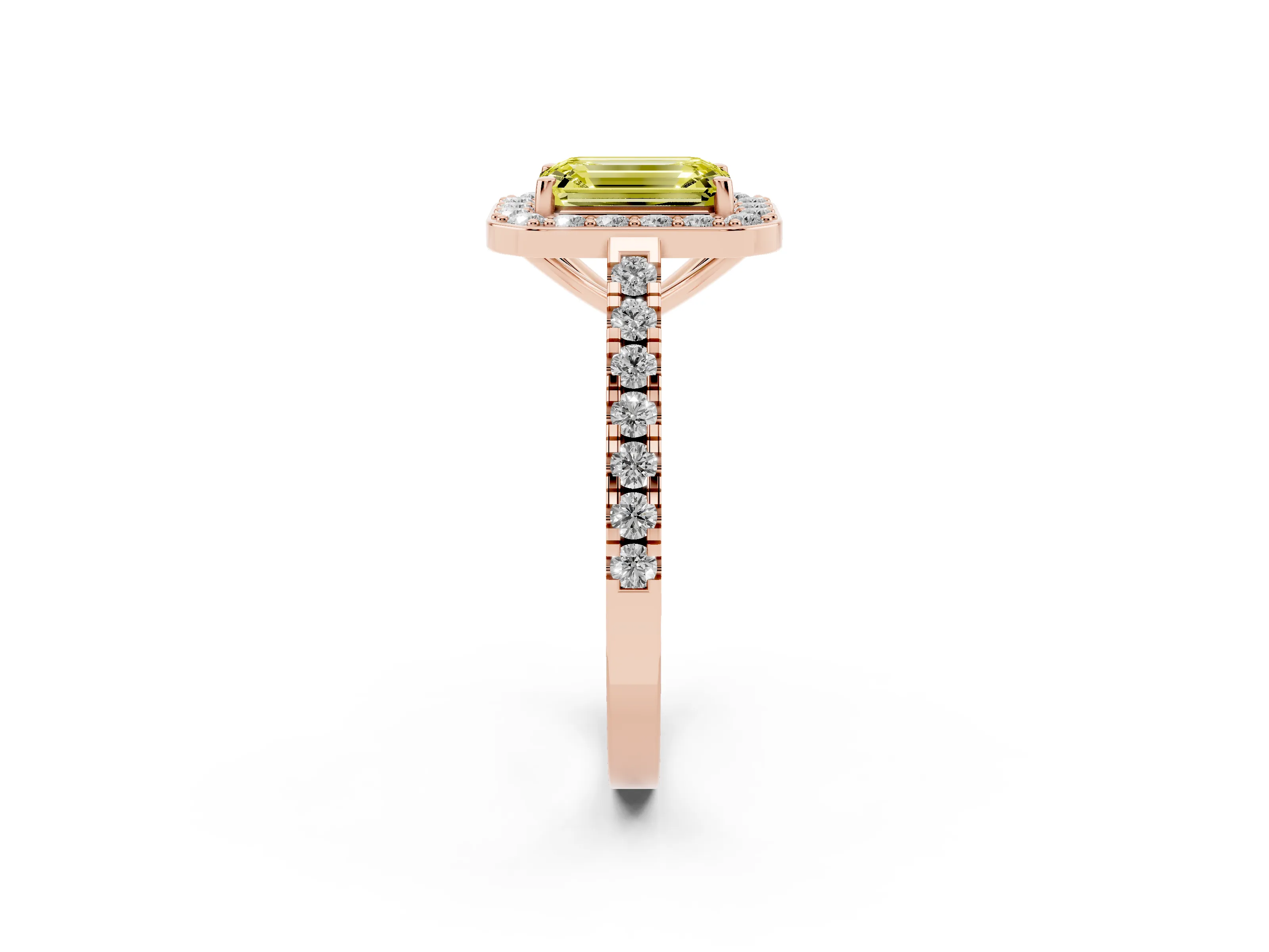Fancy Yellow Emerald Cut Diamond Halo Ring Set in Rose gold with Round Pavé Split Shank and Prong Setting
