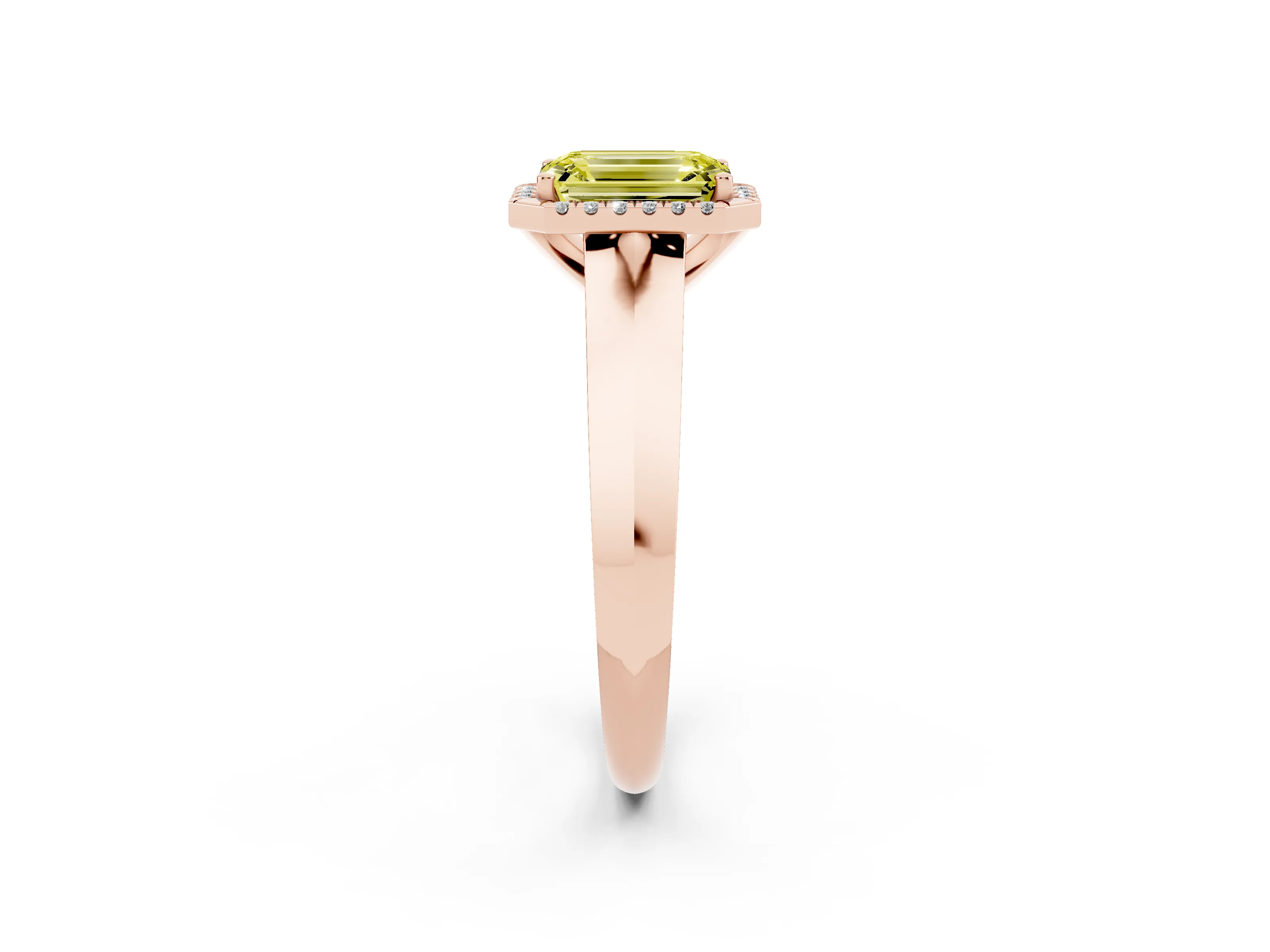 Fancy Yellow Emerald Cut Diamond Halo Ring Set in Rose gold with Cathedral Band and Prong Setting